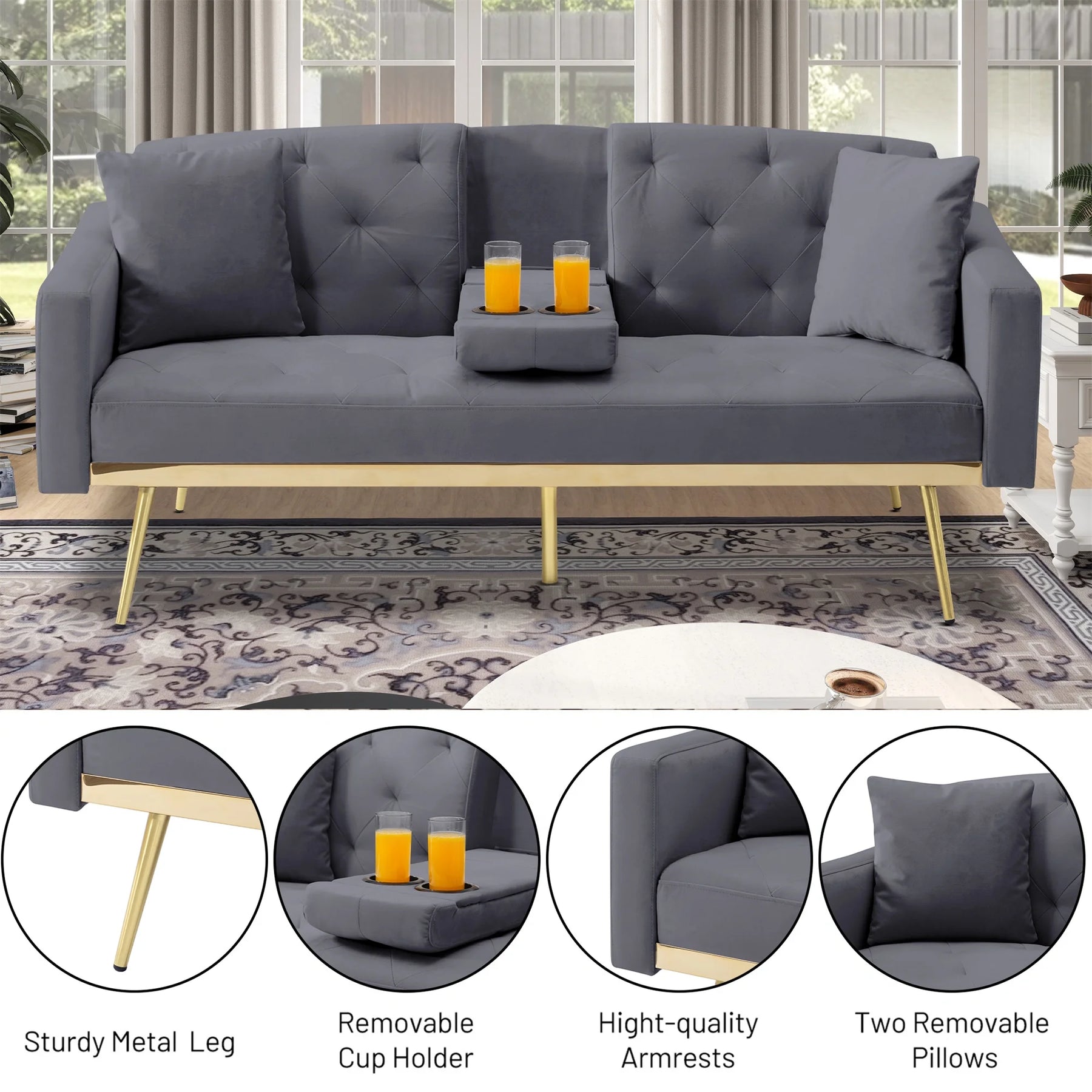 Aukfa 75" Square Arm Futon Convertible Sofa Bed for Home Office, 2 Cup Holders, Linen, Dark Gray - Product image 36