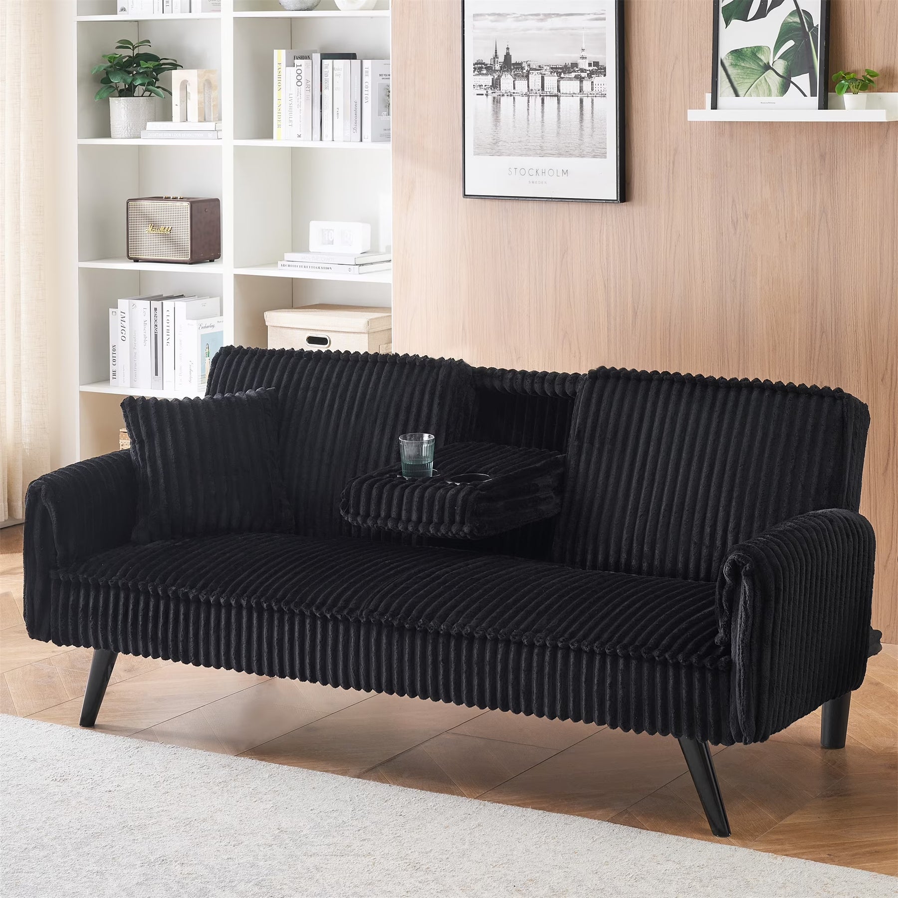 Aukfa 75" Square Arm Futon Convertible Sofa Bed for Home Office, 2 Cup Holders, Linen, Dark Gray - Product image 17