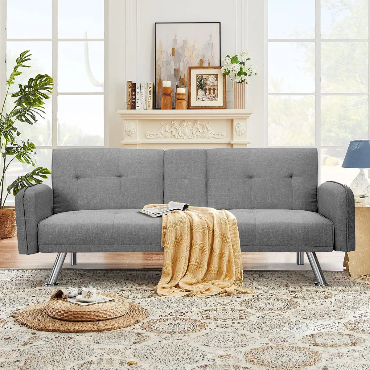 Aukfa 75" Square Arm Futon Convertible Sofa Bed for Home Office, 2 Cup Holders, Linen, Dark Gray - Product image 82