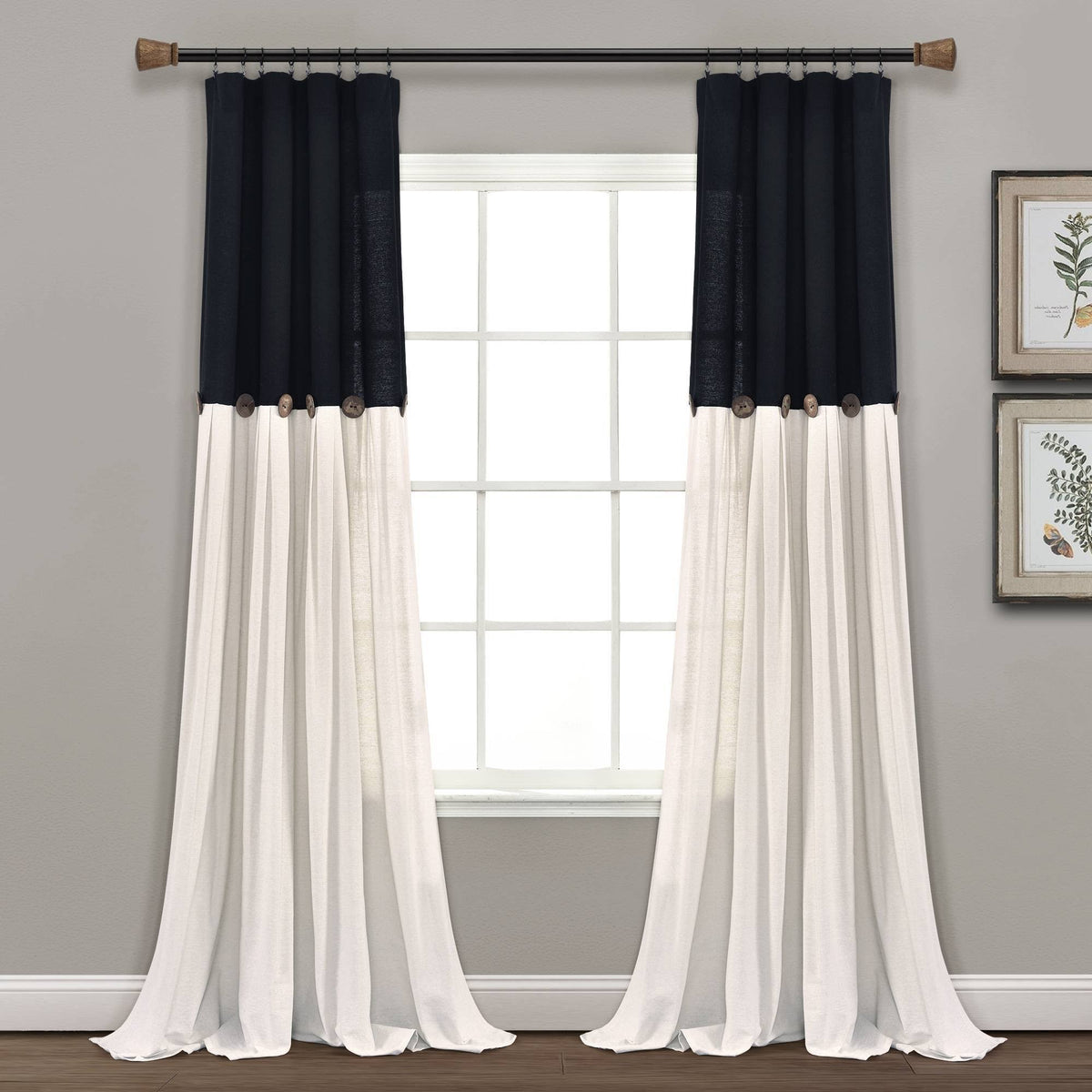 Lush Decor Linen Button Single Panel Window Curtain - 84"L x 40"W - Black & White - Product image 1