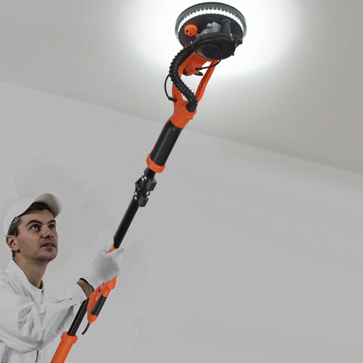 Wall-mounted plaster sander 750W Ø 225mm Aluminum 6 Variable Speeds LED Lights Telescopic Handle 12 Abrasive Discs -