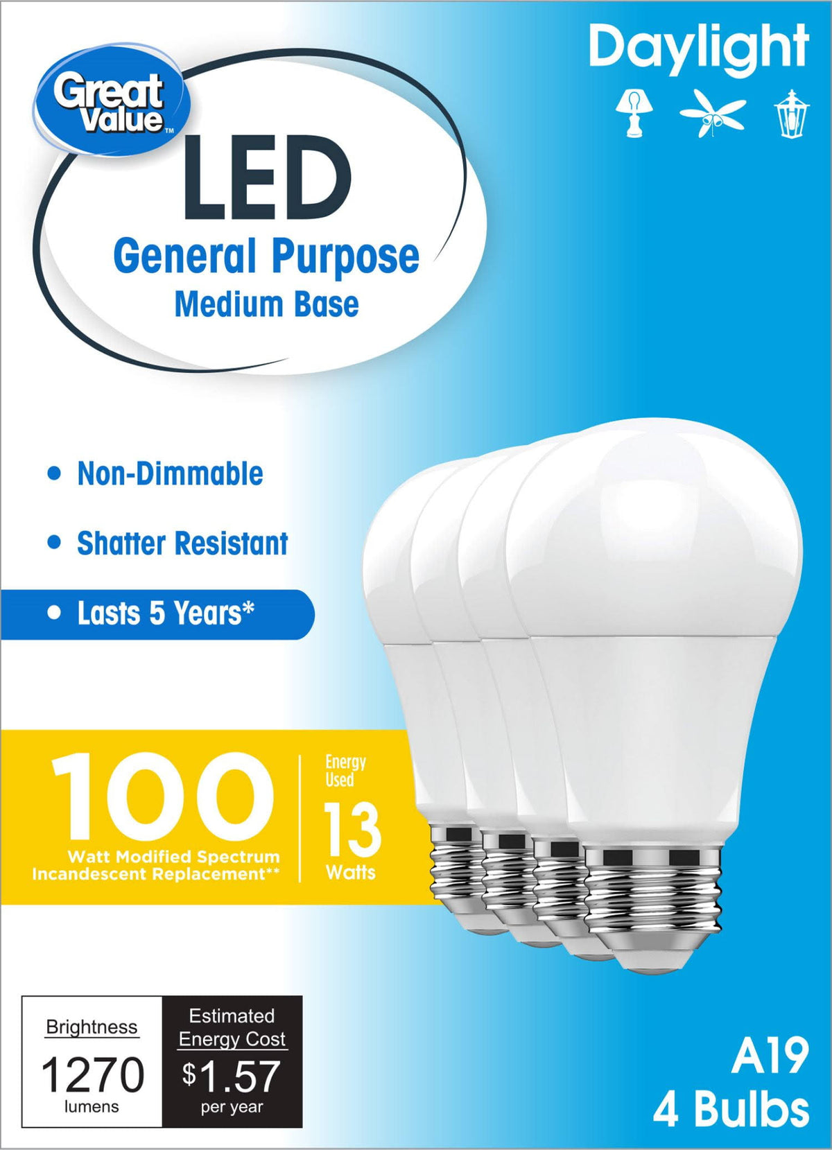 Great Value LED Light Bulbs, 100 Watts Eqv, Daylight, A19 General Purpose Light Bulbs, 5YR, 4pk 93131092 - Product image 1