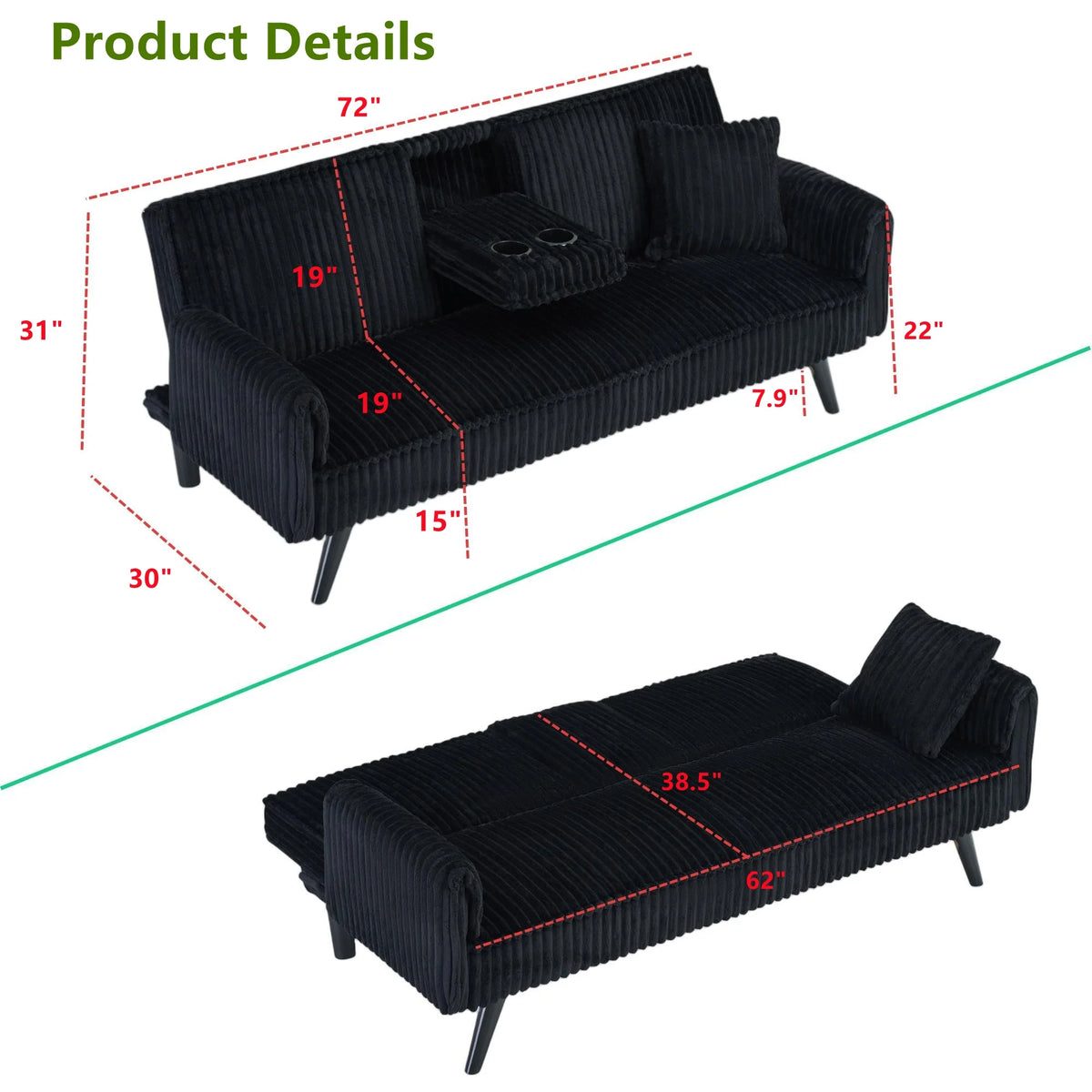 Aukfa 75" Square Arm Futon Convertible Sofa Bed for Home Office, 2 Cup Holders, Linen, Dark Gray - Product image 73