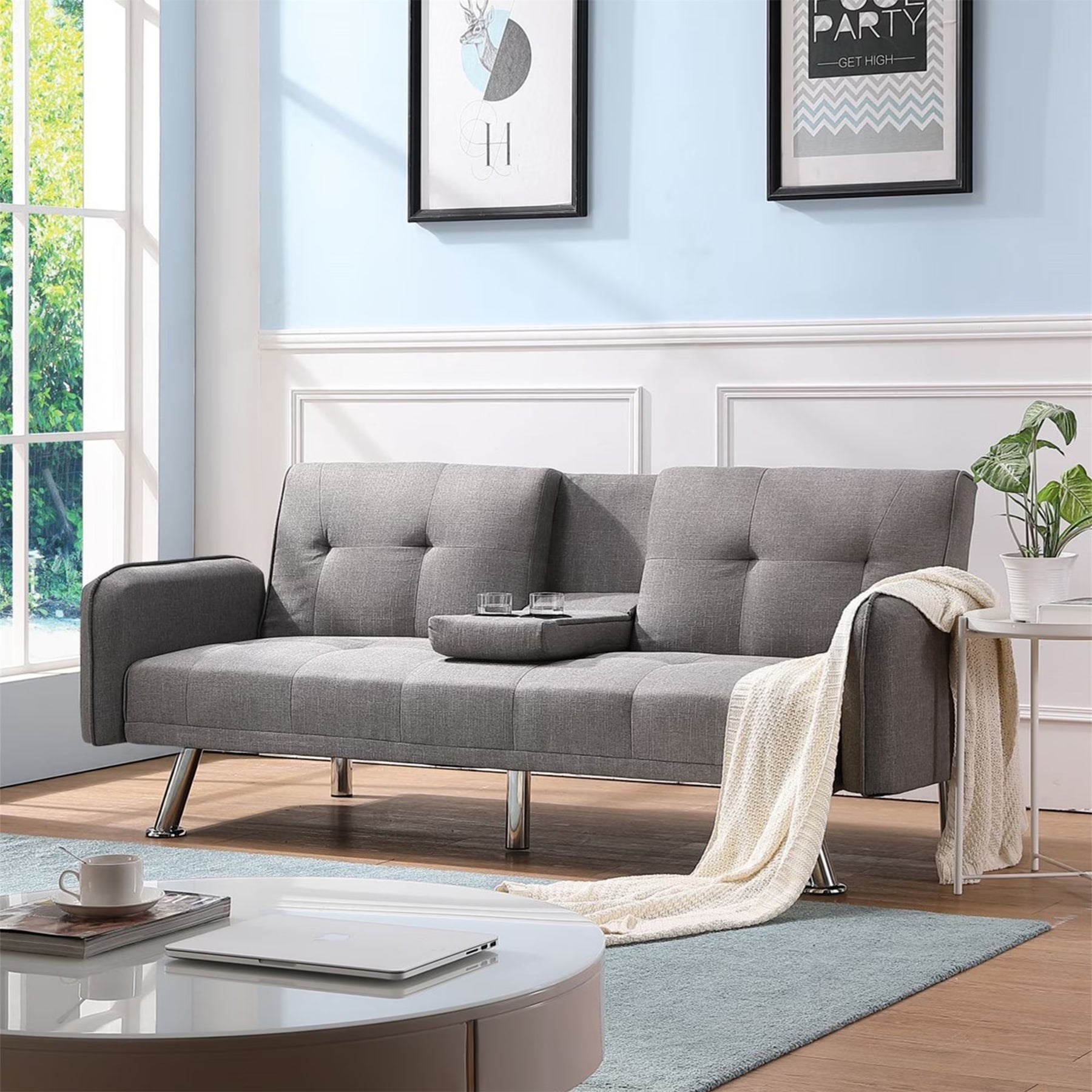 Aukfa 75" Square Arm Futon Convertible Sofa Bed for Home Office, 2 Cup Holders, Linen, Dark Gray - Product image 18