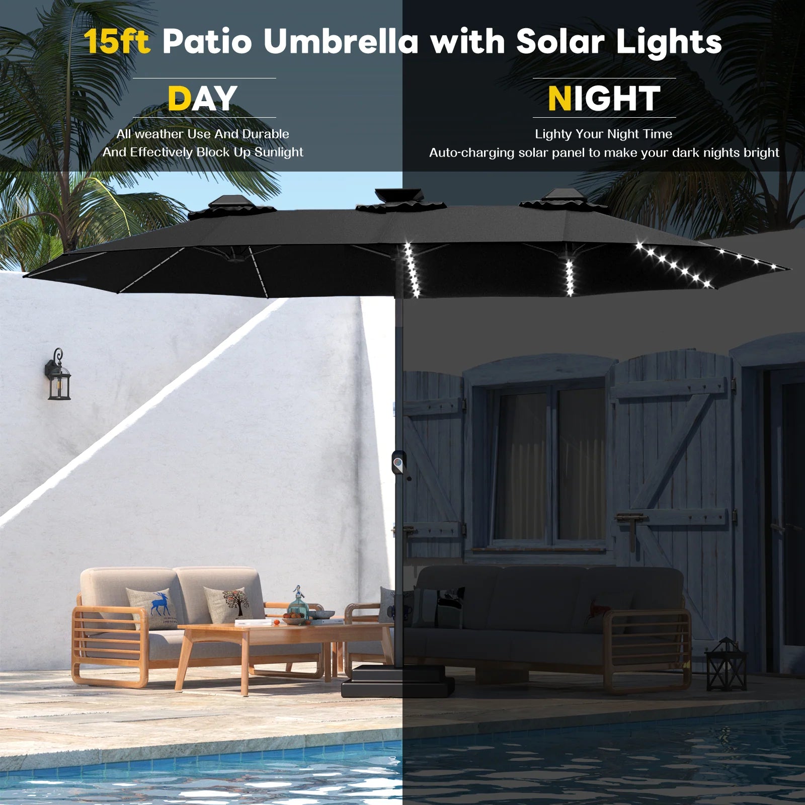 AECOJOY 15ft Patio Double-Sided Umbrella, 156 PCS Solar LED Light Outdoor Large Umbrella, Black - Product image 7