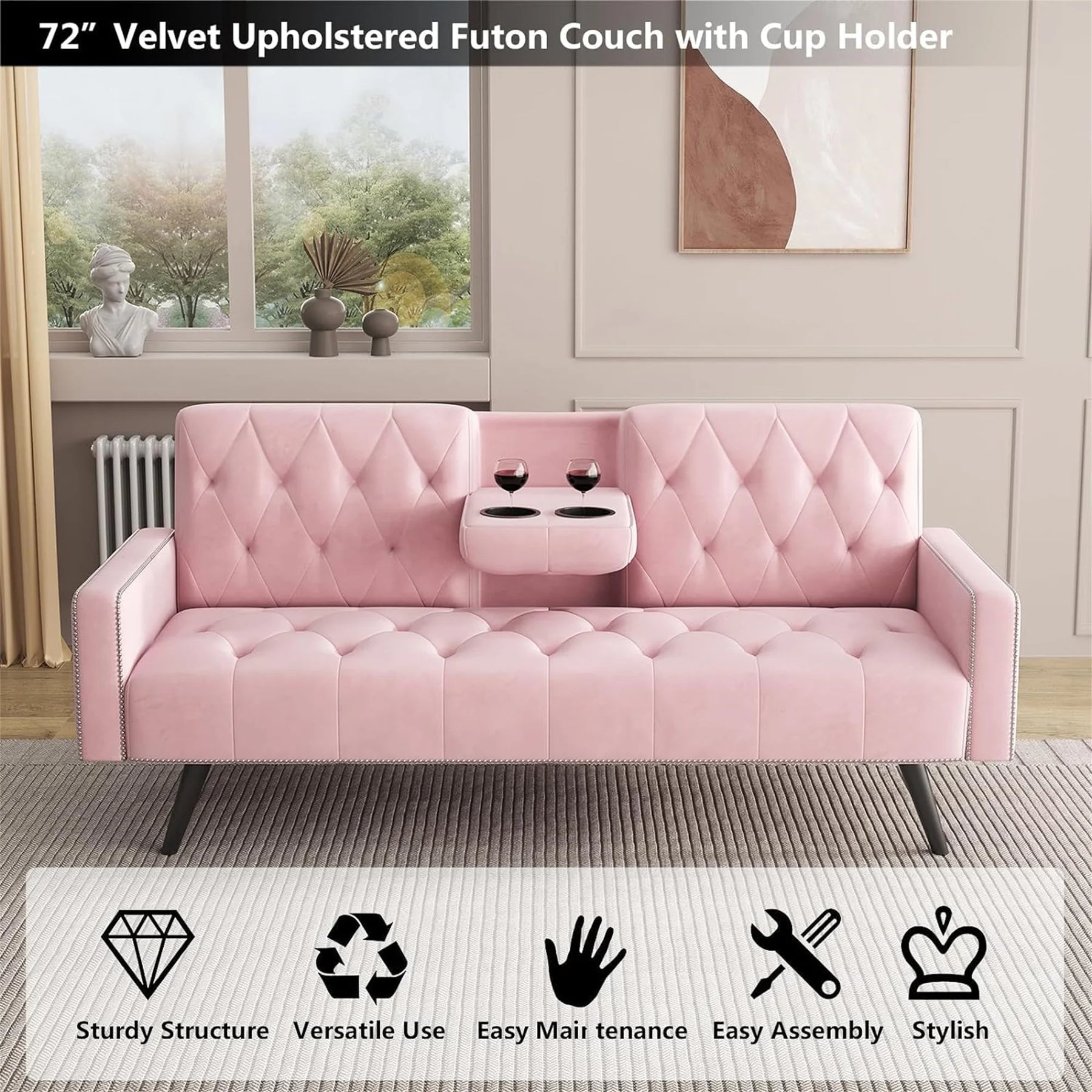 Aukfa 75" Square Arm Futon Convertible Sofa Bed for Home Office, 2 Cup Holders, Linen, Dark Gray - Product image 28
