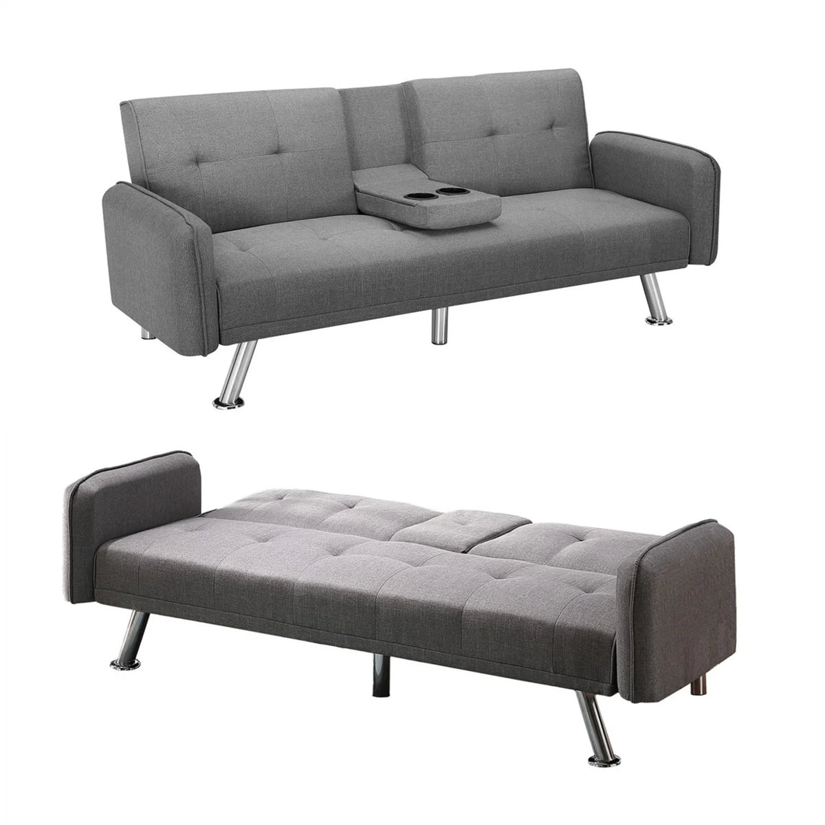 Aukfa 75" Square Arm Futon Convertible Sofa Bed for Home Office, 2 Cup Holders, Linen, Dark Gray - Product image 83
