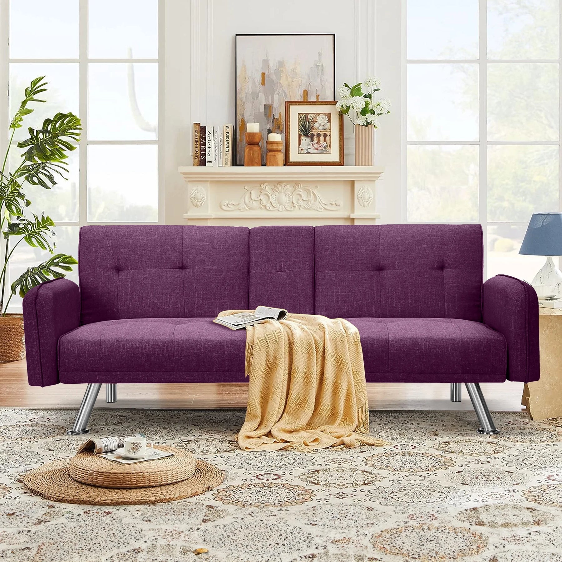 Aukfa 75" Square Arm Futon Convertible Sofa Bed for Home Office, 2 Cup Holders, Linen, Dark Gray - Product image 54