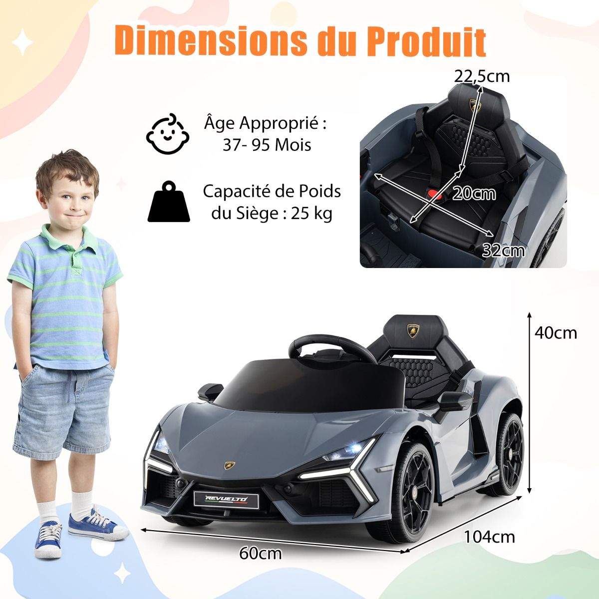 12V Electric Car for Children Licensed by Revuelto Remote Control Hydraulic Doors for 37-95 Months Grey/Orange -