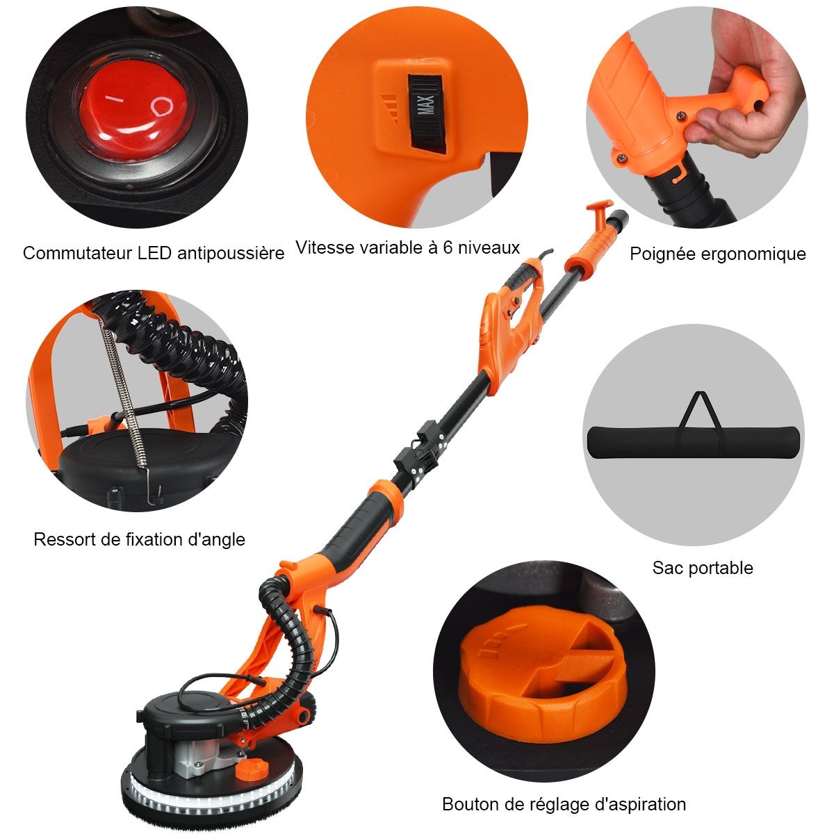 Wall-mounted plaster sander 750W Ø 225mm Aluminum 6 Variable Speeds LED Lights Telescopic Handle 12 Abrasive Discs -