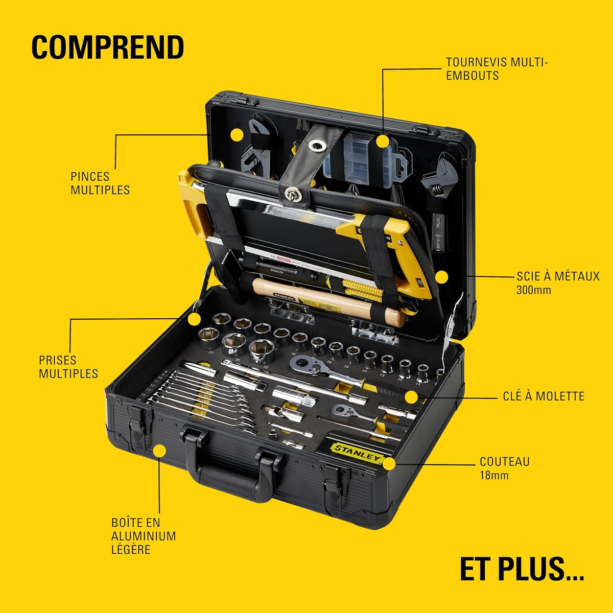 STANLEY Maintenance Case 142 Pieces - Pliers and Cutters, Adjustable Wrench, Level, Measuring, Screwdriver, Hacksaw, Cutter, Hammer, Tools for Tightening-Screwing STMT98109-1