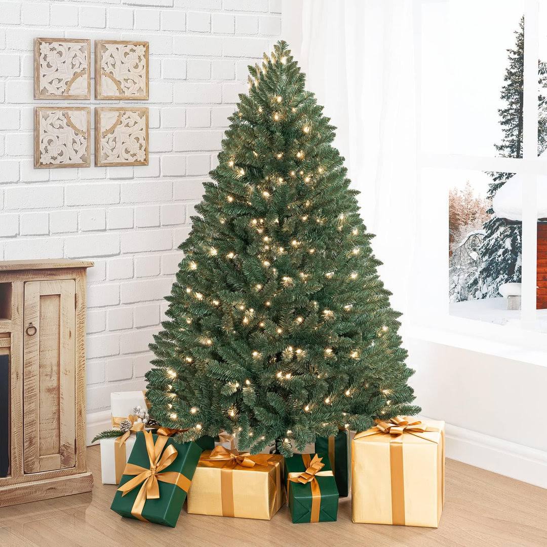 Traditional Prelit Artificial Christmas Tree with Warm Lights and Metal Stand, Wide Realistic Tree The Holiday Aisle Size: 7.5' H