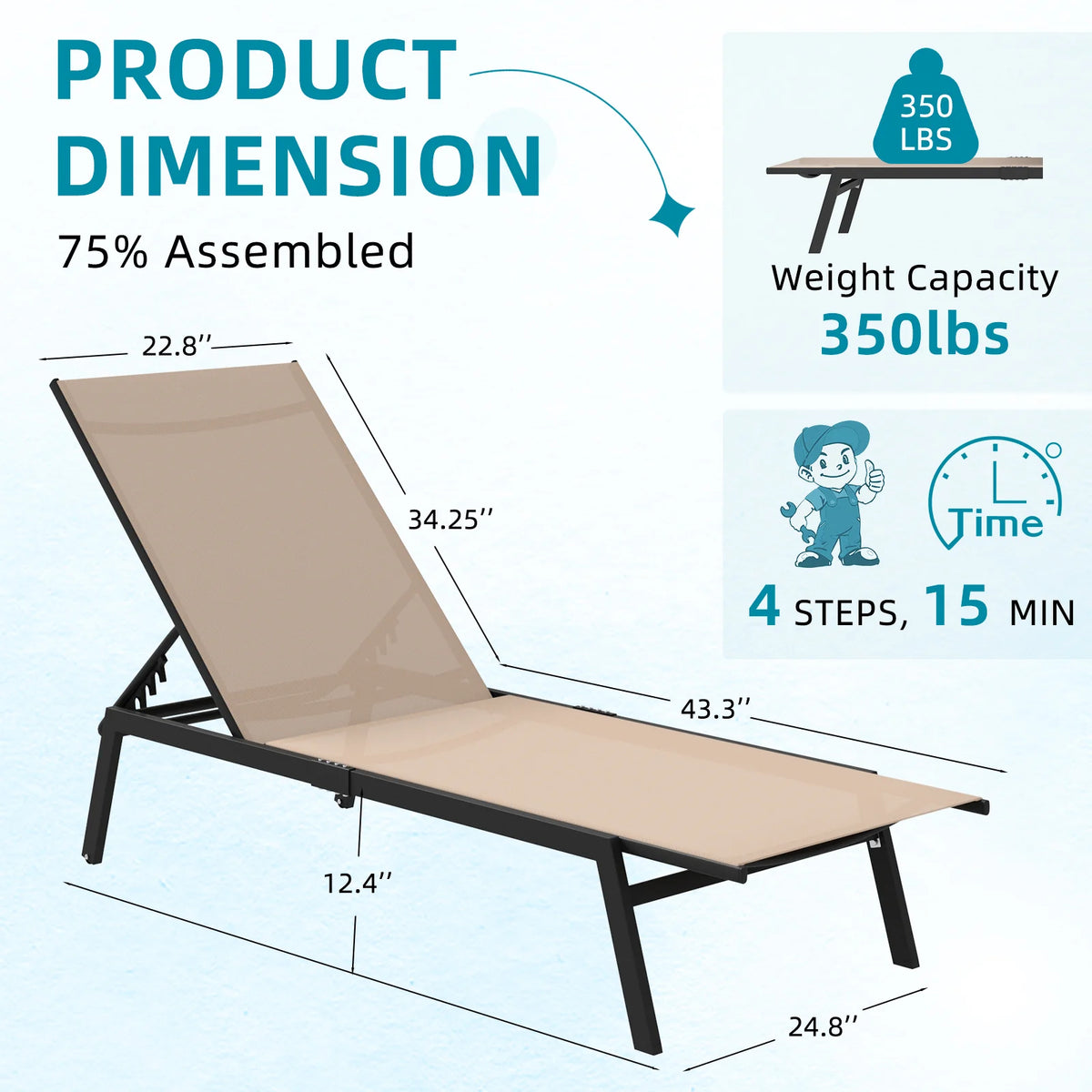 AECOJOY Patio Lounge Chairs, Outdoor Chaise Lounge with Wheels, Beige, 2PCS - Product image 3