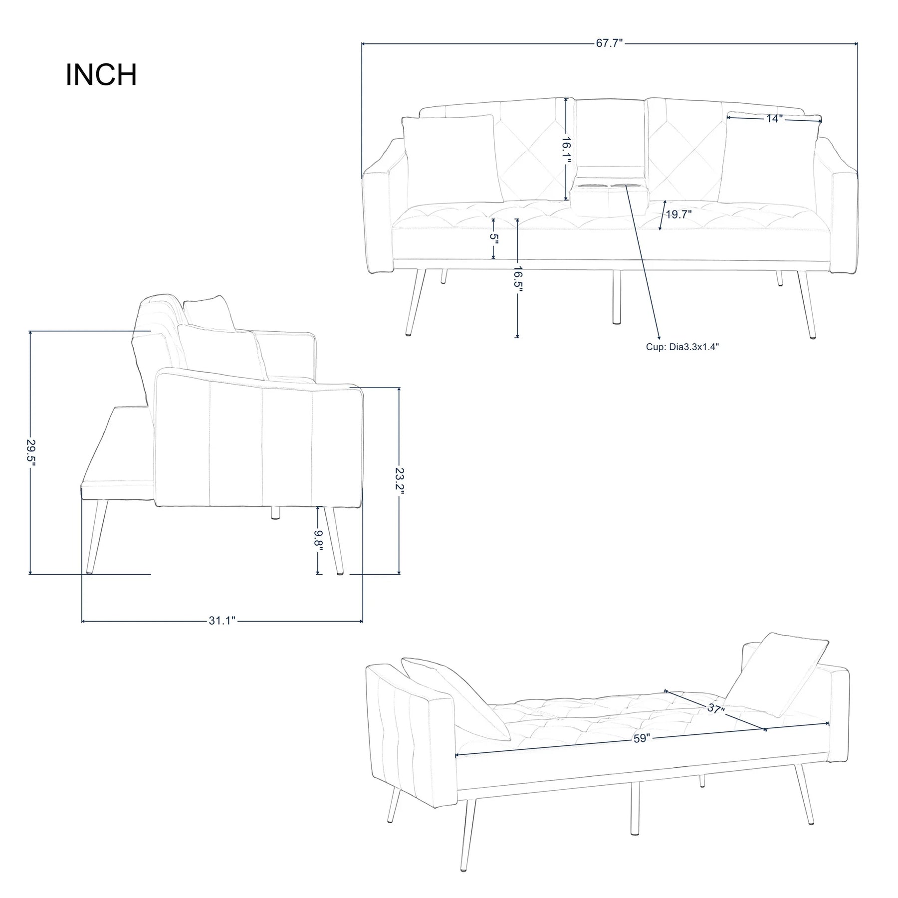 Aukfa 75" Square Arm Futon Convertible Sofa Bed for Home Office, 2 Cup Holders, Linen, Dark Gray - Product image 39