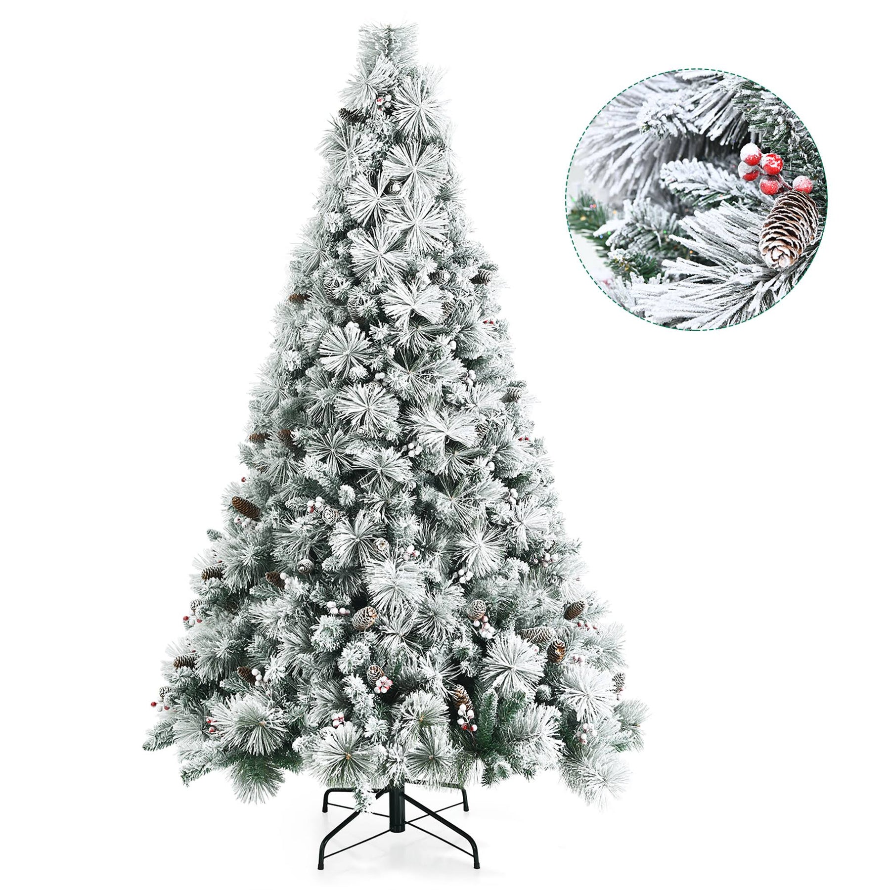 Costway 7ft Snow Flocked Christmas Tree Glitter Tips w/ Pine Cone & Red Berries - Product image 1