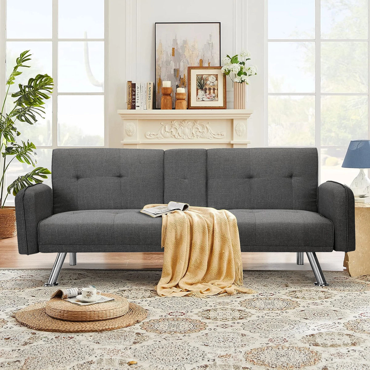 Aukfa 75" Square Arm Futon Convertible Sofa Bed for Home Office, 2 Cup Holders, Linen, Dark Gray - Product image 10