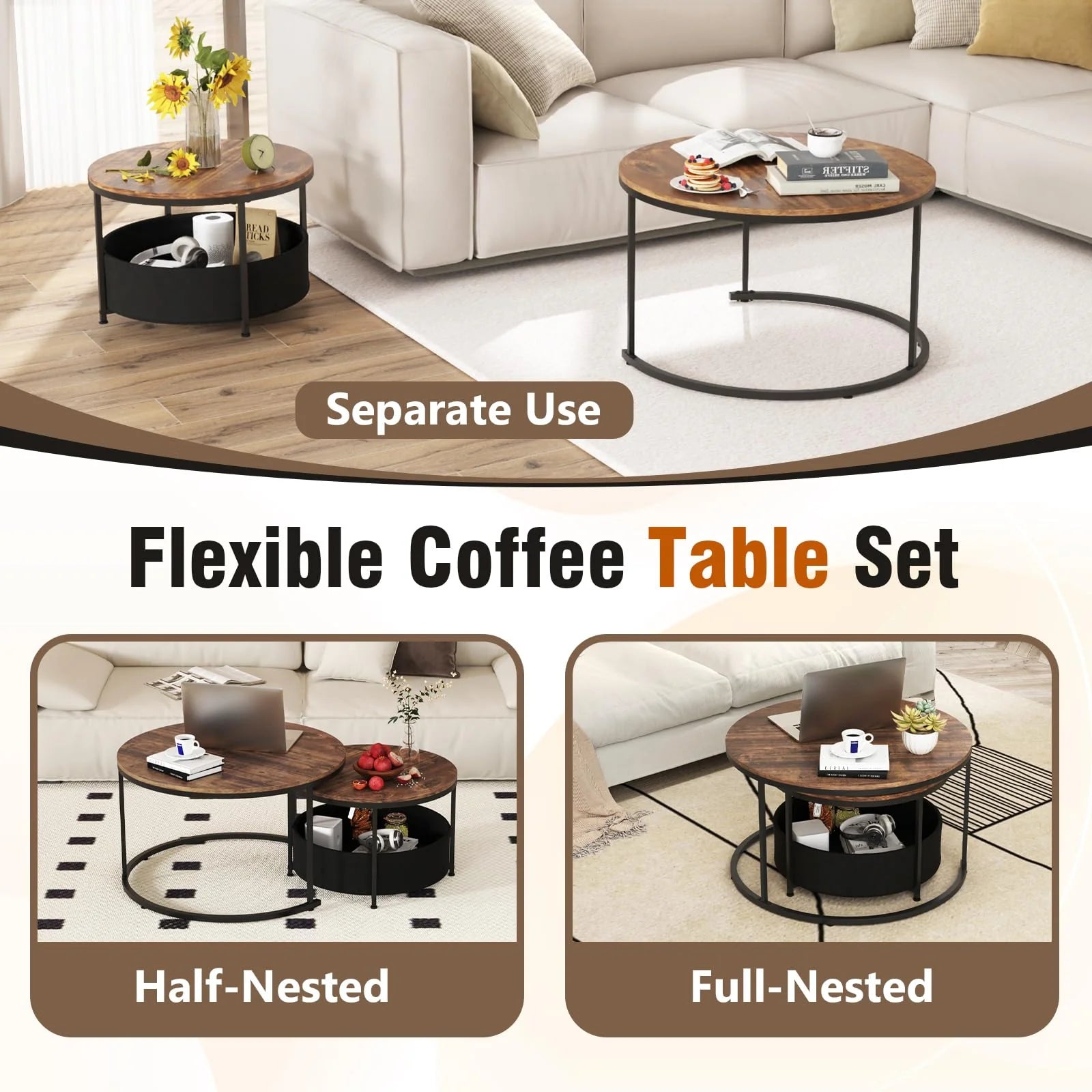 Tangkula Round Nesting Coffee Table Set of 2 with Fabric Storage Basket & Metal Frame
