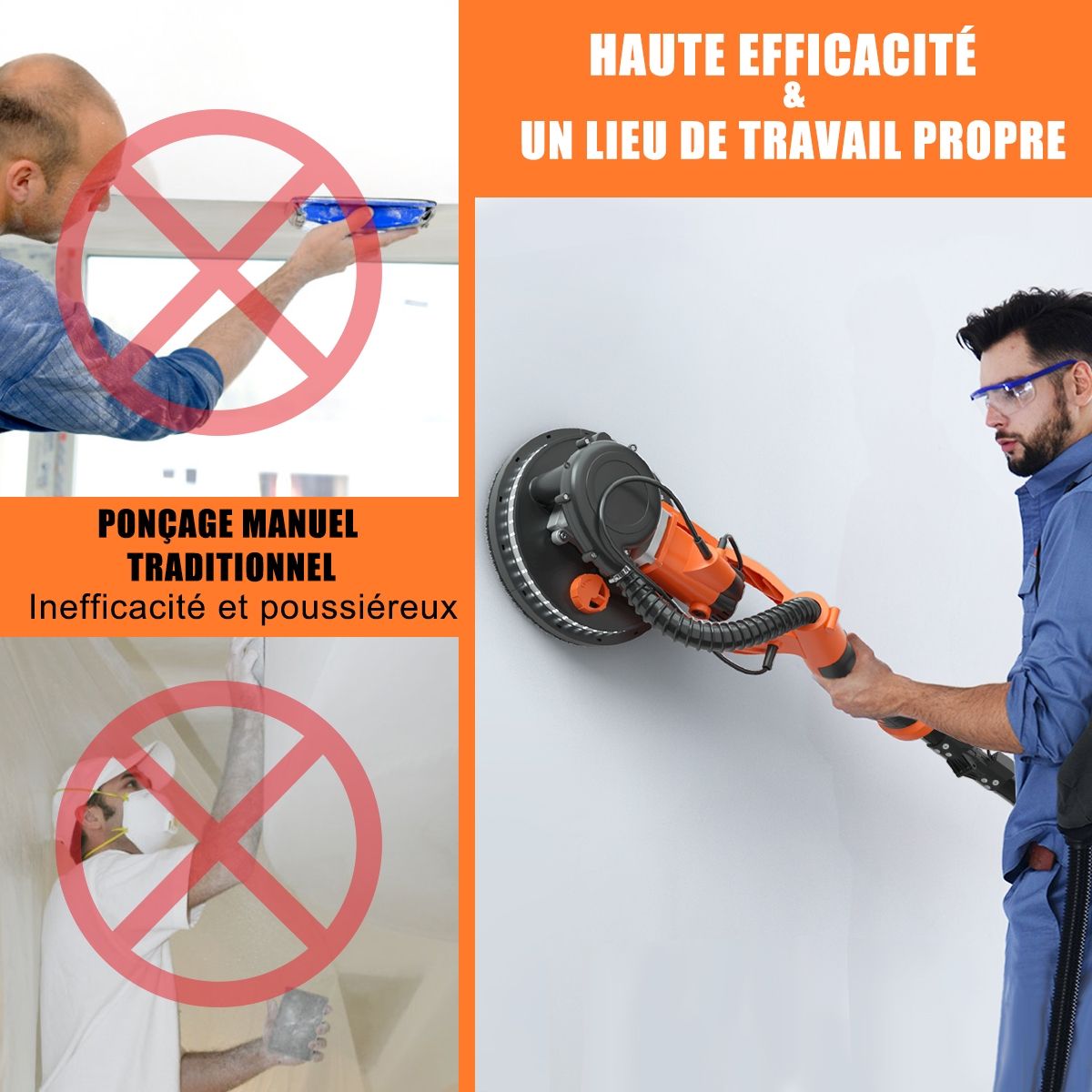 Wall-mounted plaster sander 750W Ø 225mm Aluminum 6 Variable Speeds LED Lights Telescopic Handle 12 Abrasive Discs -