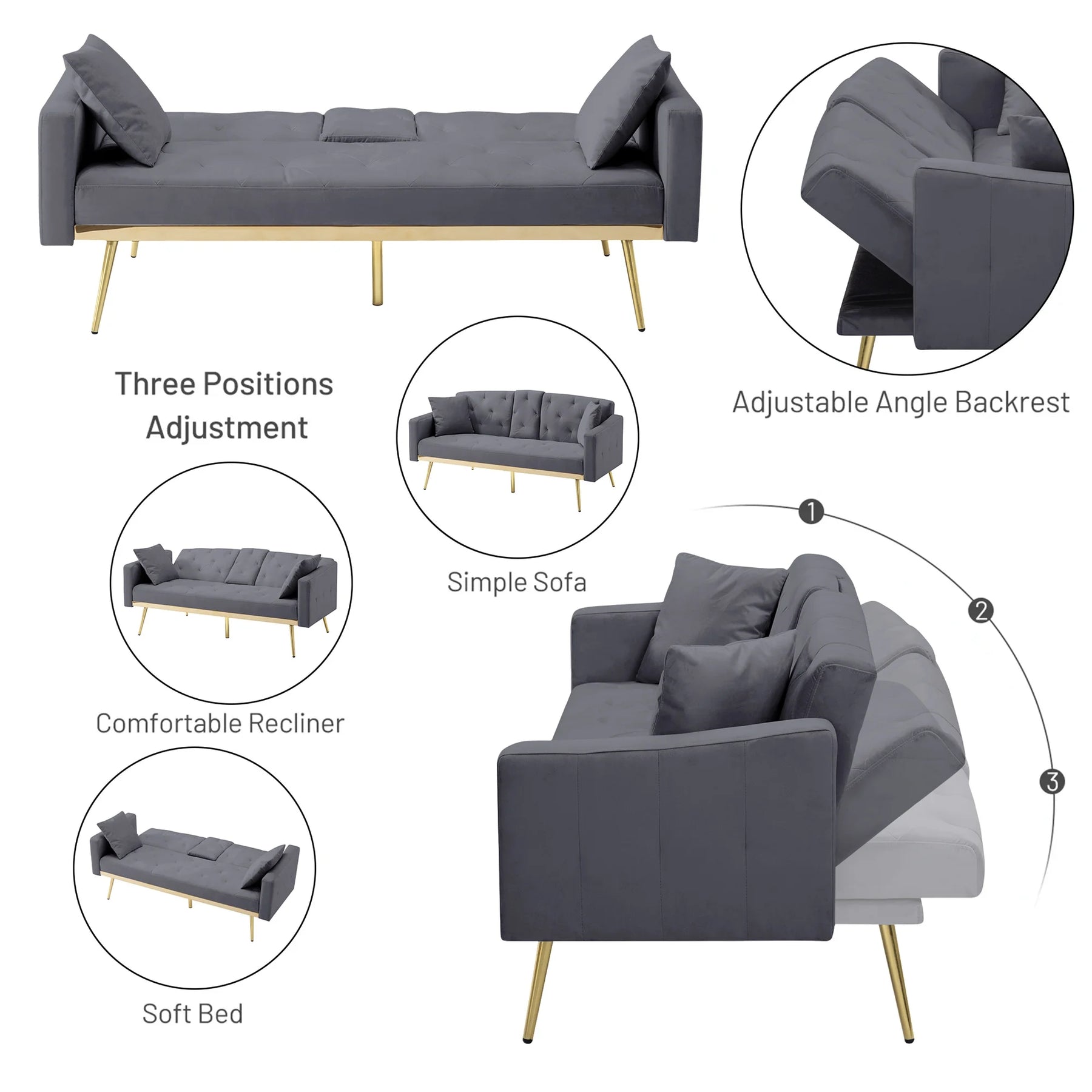 Aukfa 75" Square Arm Futon Convertible Sofa Bed for Home Office, 2 Cup Holders, Linen, Dark Gray - Product image 37