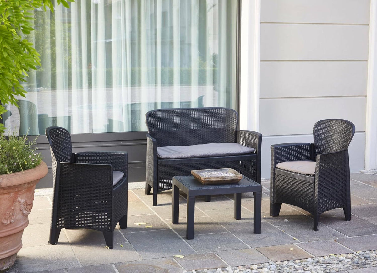 Dmora - Ostuni outdoor lounge set, Garden lounge set consisting of 2 armchairs, 1 sofa and 1 coffee table, rattan effect lounge with cushions, 100% Made in Italy, Anthracite
