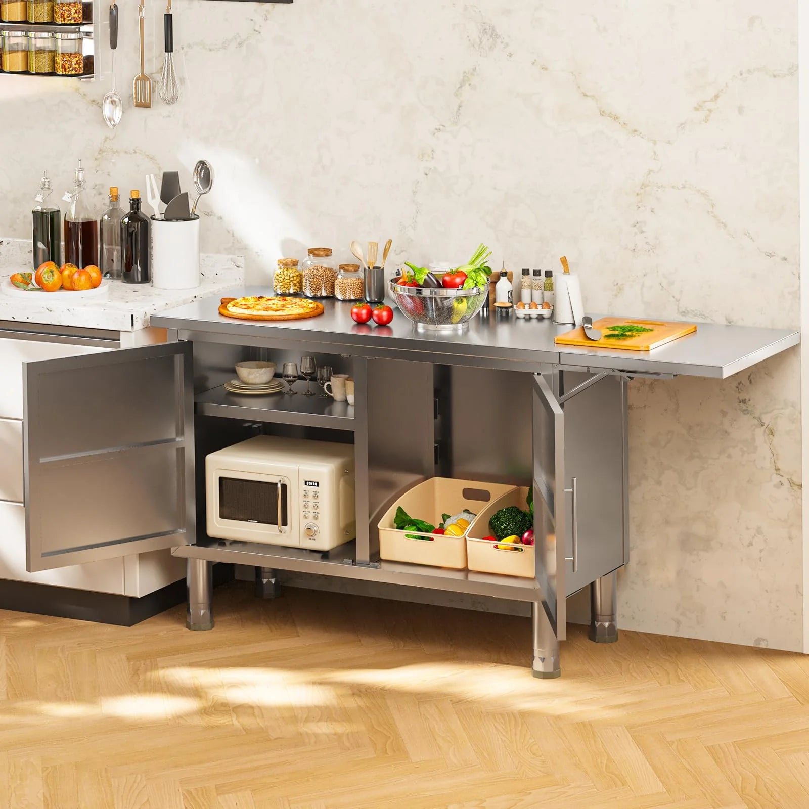 AECOJOY Stainless Steel Kitchen Cabinets, 57"x19.7" Commercial Worktable with Extend Panel & Adjustable - Product image 2