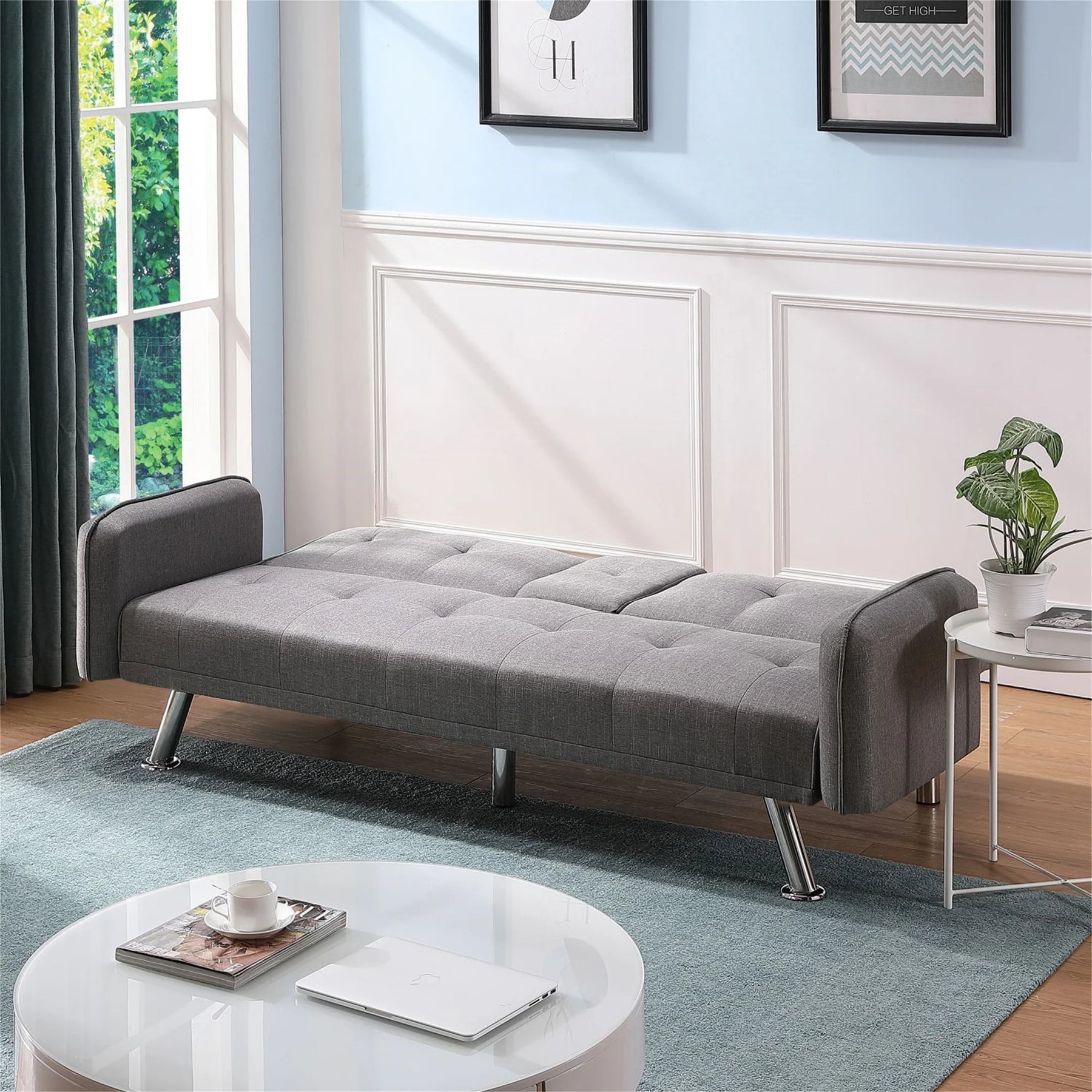 Aukfa 75" Square Arm Futon Convertible Sofa Bed for Home Office, 2 Cup Holders, Linen, Dark Gray - Product image 80