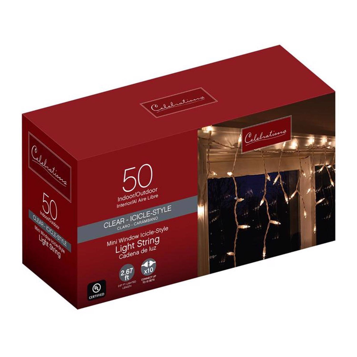 Celebrations Indoor/Outdoor Icicle-Style Window Lights, 50 Bulbs, Clear with White Wire, 3' - Product image 1
