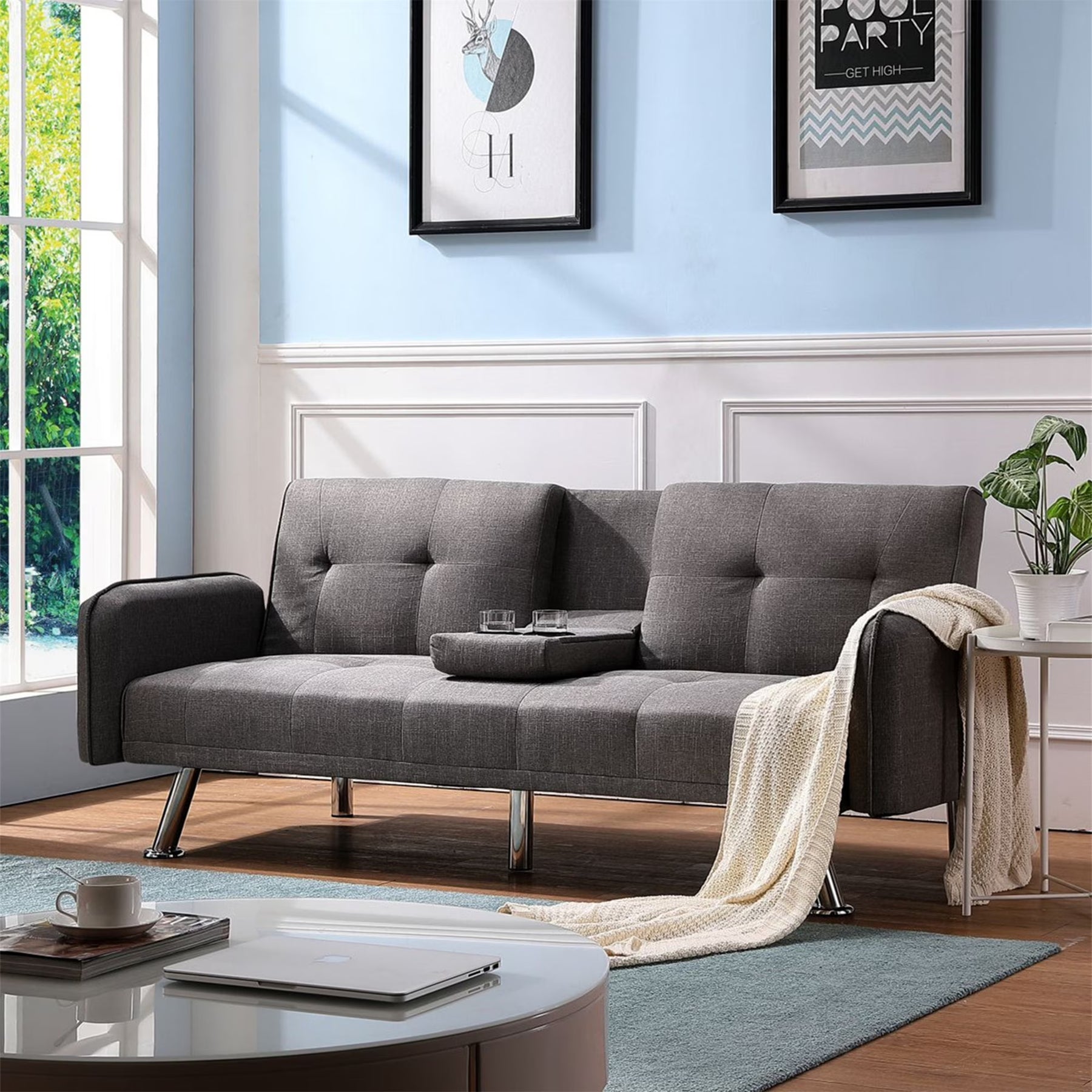 Aukfa 75" Square Arm Futon Convertible Sofa Bed for Home Office, 2 Cup Holders, Linen, Dark Gray - Product image 1