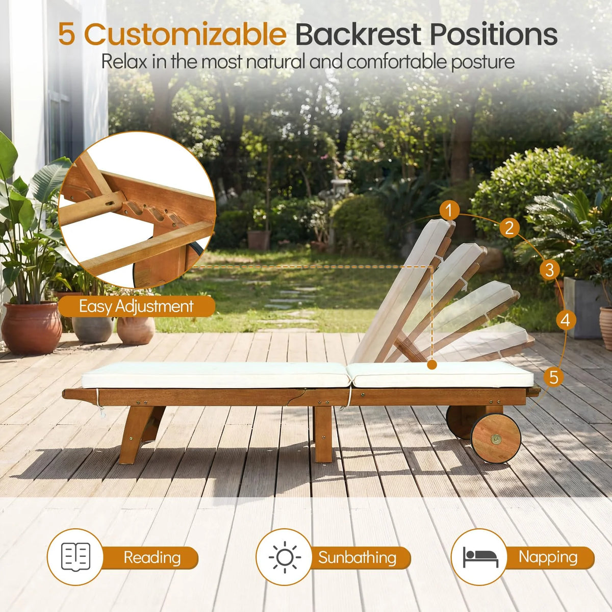 Tangkula Folding Lounge Chairs Outdoor Set of 1/2 Patio Eucalyptus Wood Chaise Lounge - Product image 5
