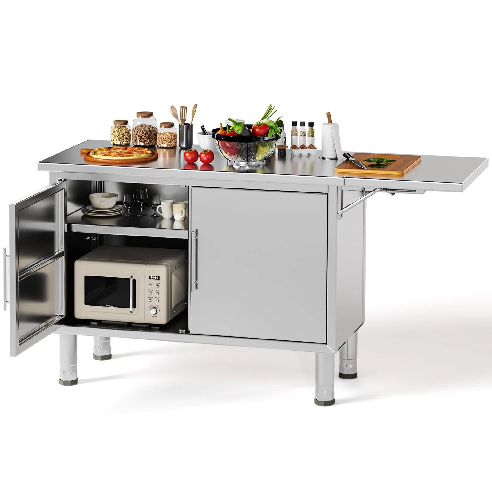 AECOJOY Stainless Steel Kitchen Cabinets, 57"x19.7" Commercial Worktable with Extend Panel & Adjustable - Product image 1