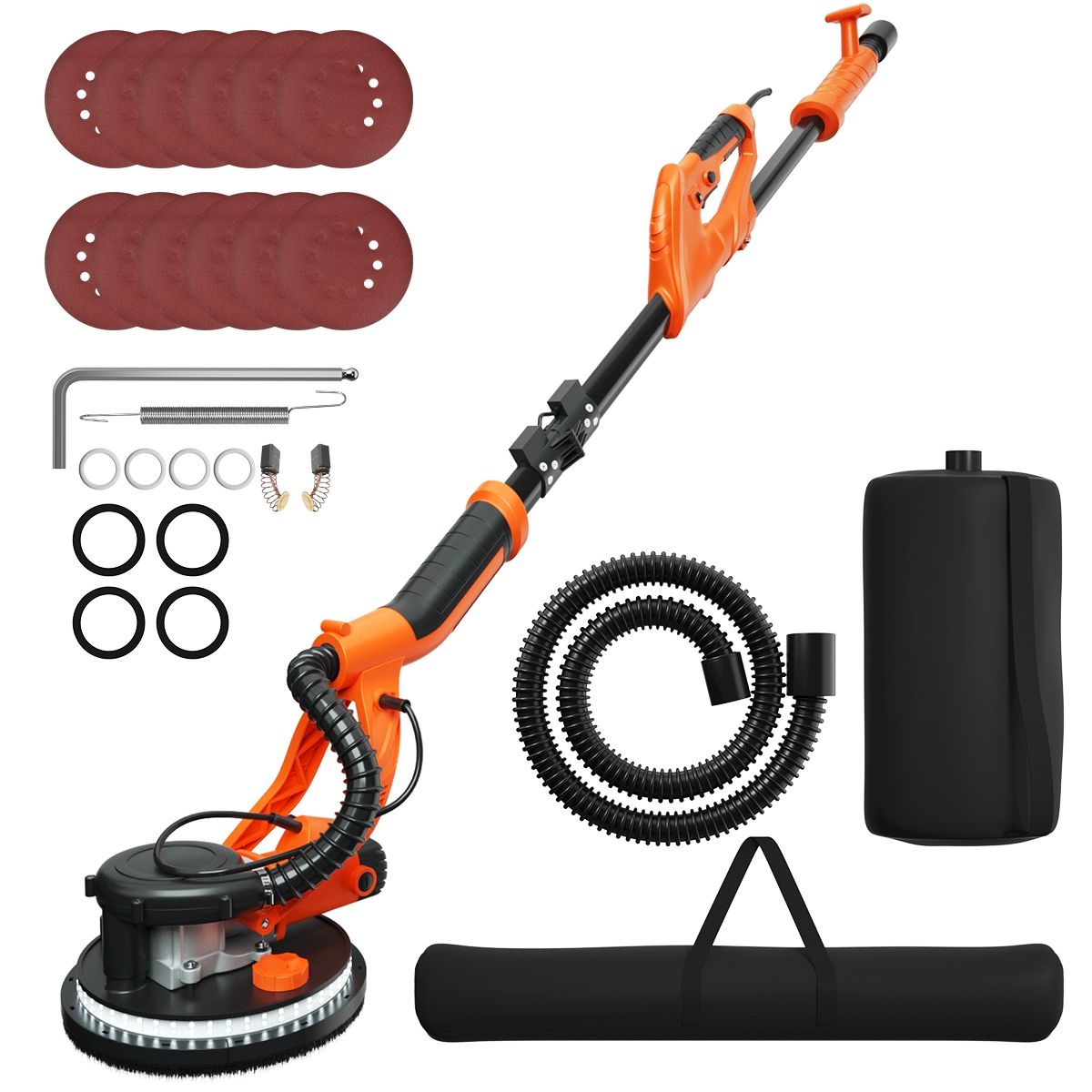 Wall-mounted plaster sander 750W Ø 225mm Aluminum 6 Variable Speeds LED Lights Telescopic Handle 12 Abrasive Discs -