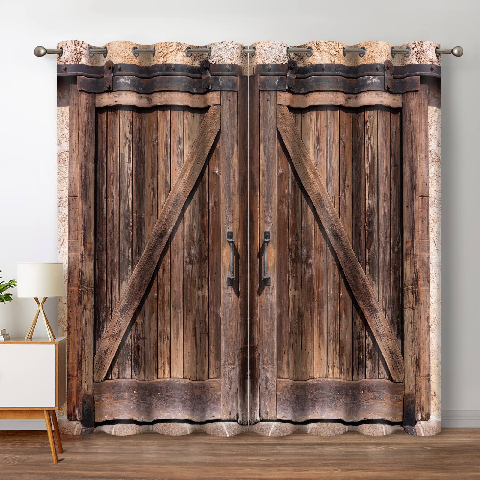 Jekeno Rustic Wood Blackout Curtains Vintage Wooden Barn Door Farmhouse Home Bedroom Living Room Decor - Product image 1