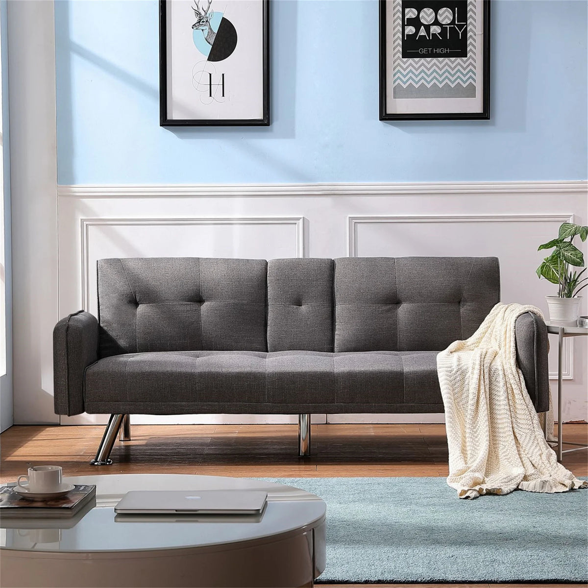 Aukfa 75" Square Arm Futon Convertible Sofa Bed for Home Office, 2 Cup Holders, Linen, Dark Gray - Product image 2