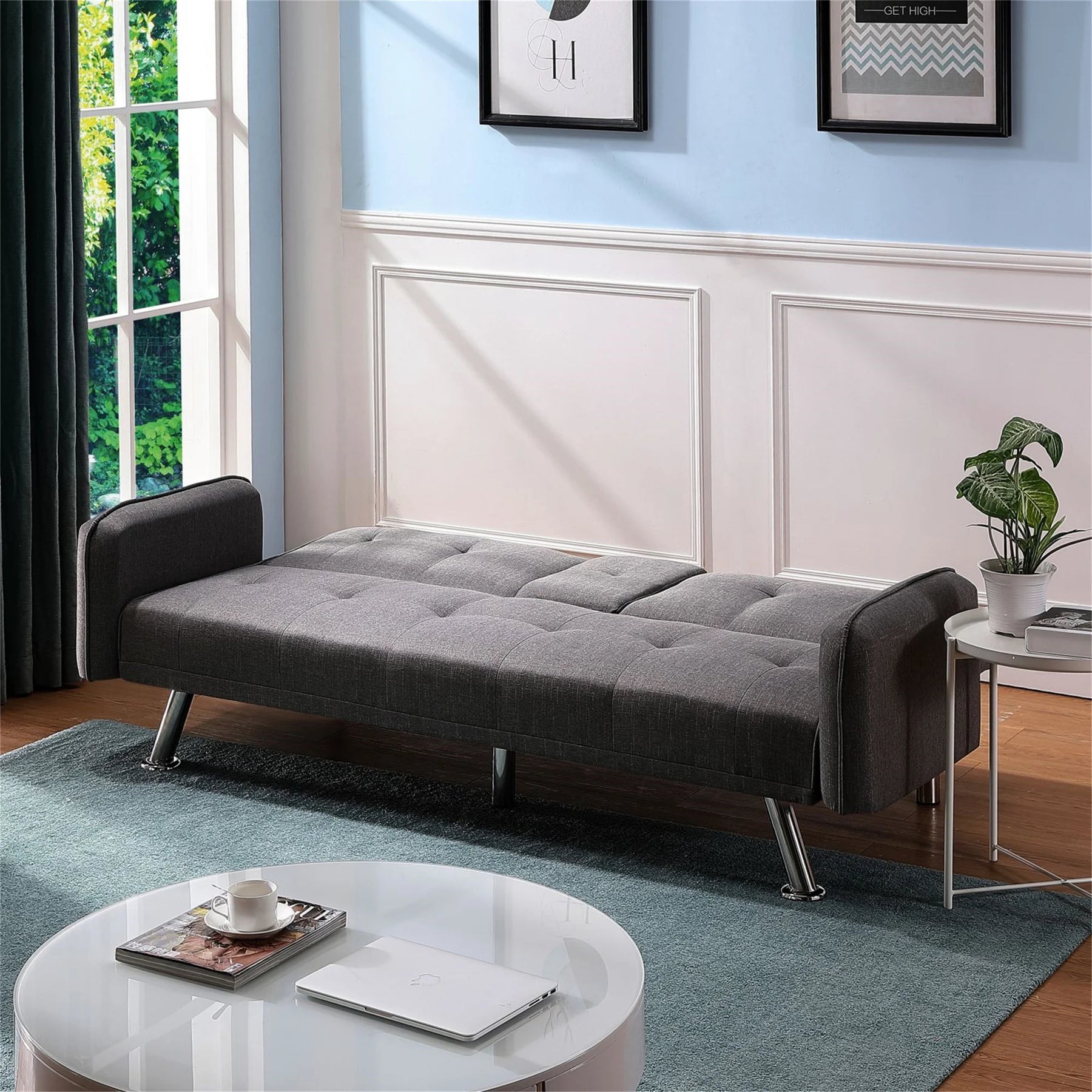 Aukfa 75" Square Arm Futon Convertible Sofa Bed for Home Office, 2 Cup Holders, Linen, Dark Gray - Product image 4