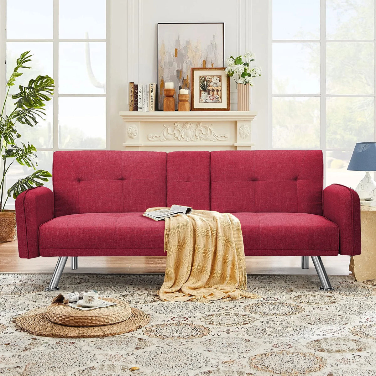 Aukfa 75" Square Arm Futon Convertible Sofa Bed for Home Office, 2 Cup Holders, Linen, Dark Gray - Product image 61