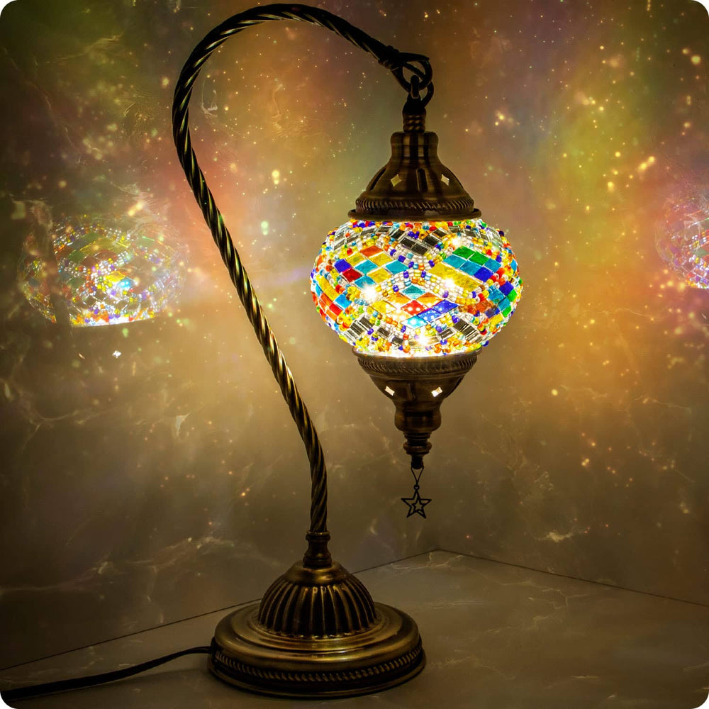 Yarra-Decor Turkish Moroccan Lamp with Bronze Base 3-Way Color Changing Handmade Swan Neck Tiffany Mosaic Glass Bedside Lamps for Bedroom