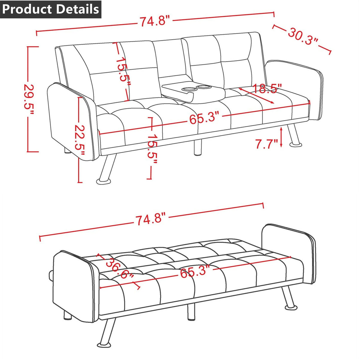 Aukfa 75" Square Arm Futon Convertible Sofa Bed for Home Office, 2 Cup Holders, Linen, Dark Gray - Product image 6