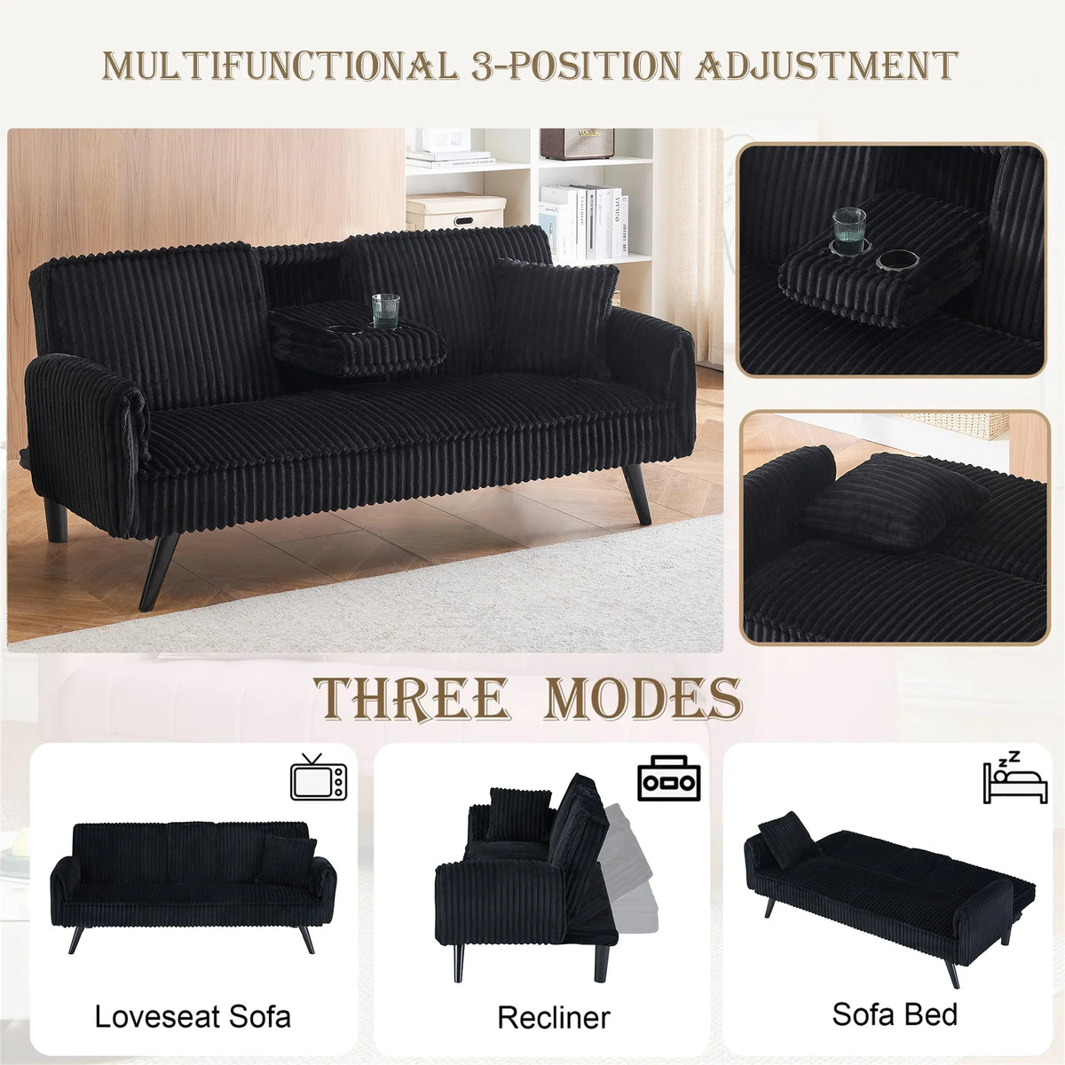 Aukfa 75" Square Arm Futon Convertible Sofa Bed for Home Office, 2 Cup Holders, Linen, Dark Gray - Product image 71