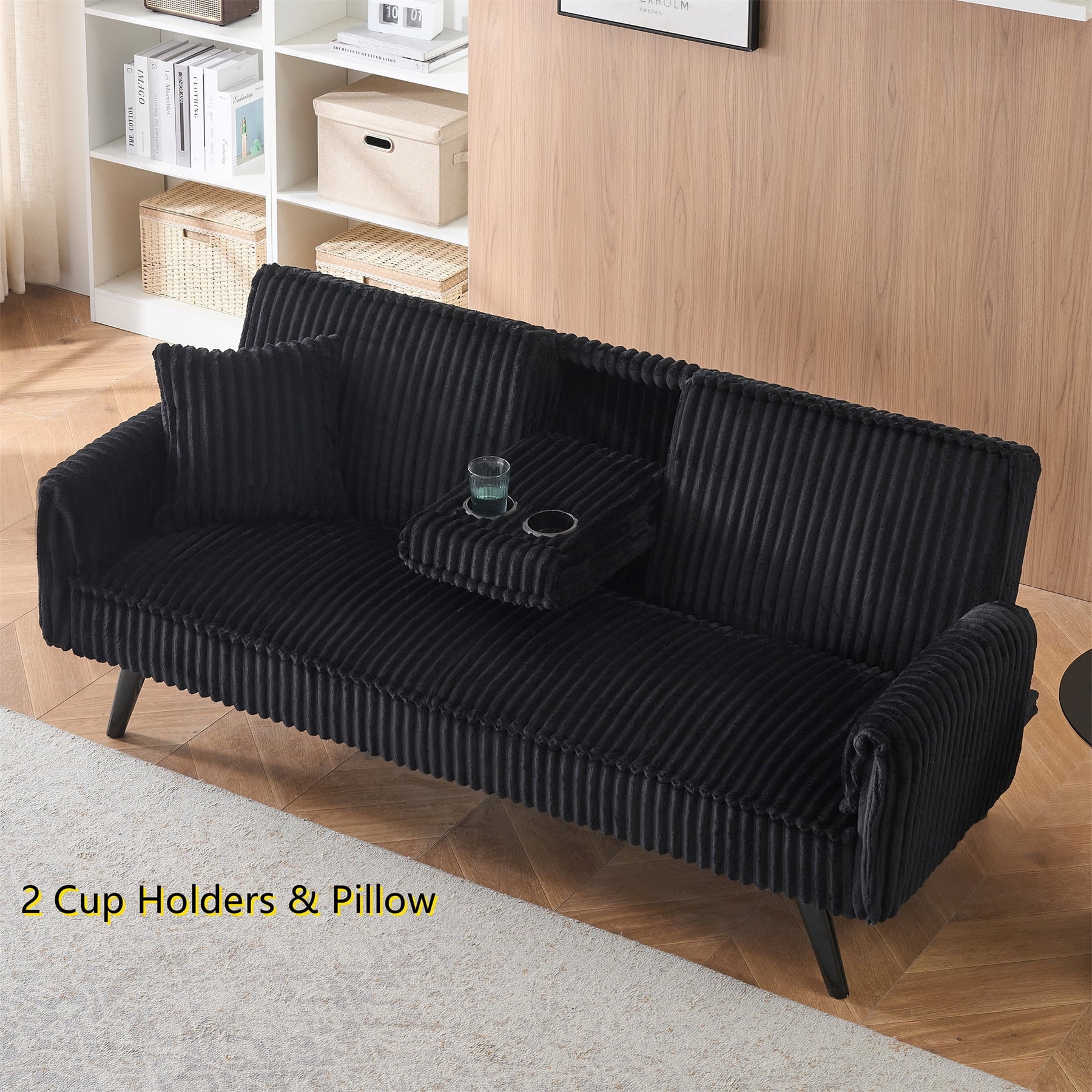 Aukfa 75" Square Arm Futon Convertible Sofa Bed for Home Office, 2 Cup Holders, Linen, Dark Gray - Product image 74