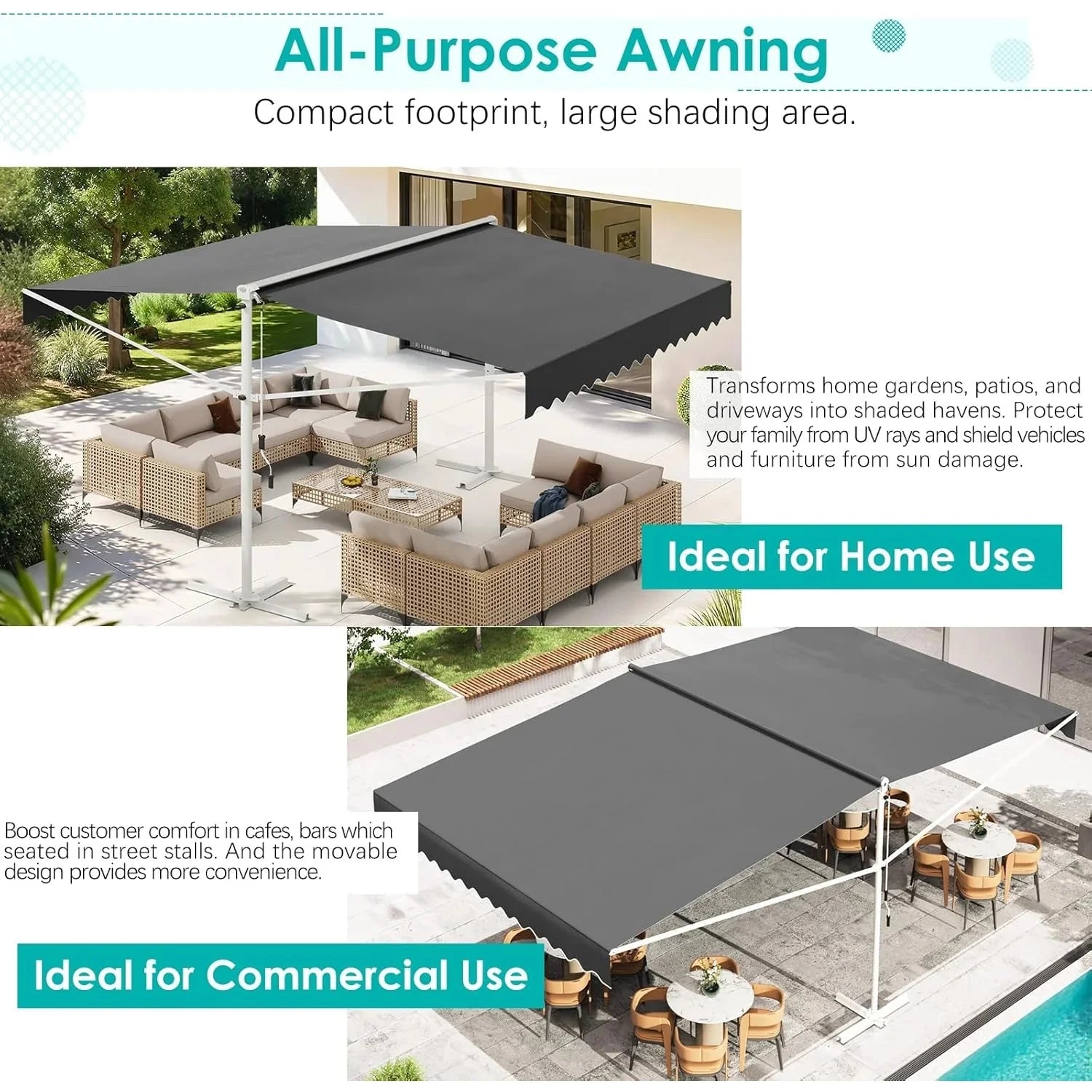 AECOJOY Free Standing Retractable Awning, 13'x10' Dual Side Patio Awnings Outdoor Manual Sun Shade - Product image 14