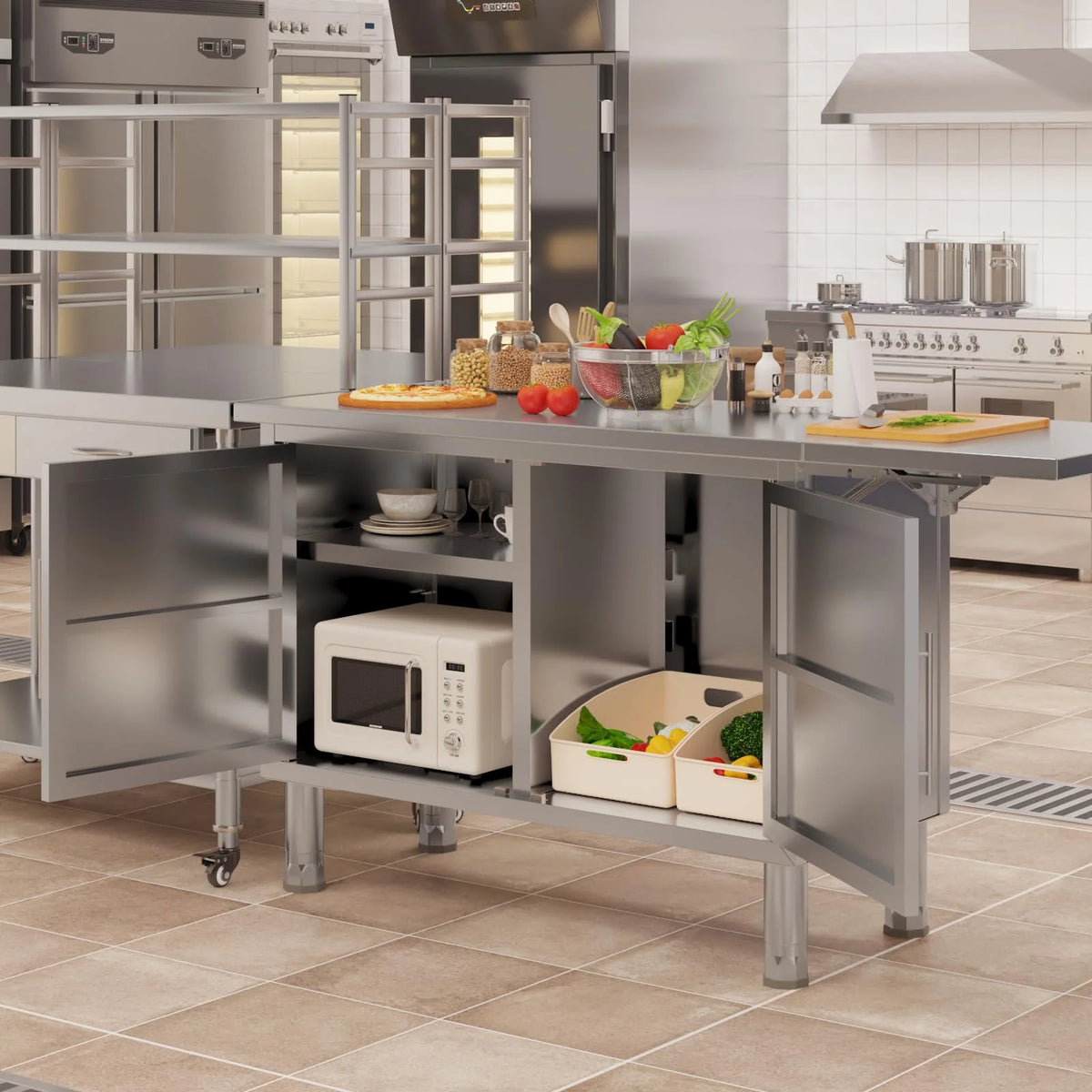 AECOJOY Stainless Steel Kitchen Cabinets, 57"x19.7" Commercial Worktable with Extend Panel & Adjustable - Product image 8