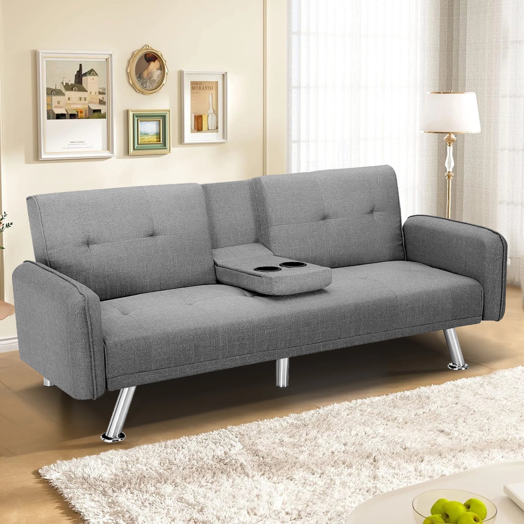Aukfa 75" Square Arm Futon Convertible Sofa Bed for Home Office, 2 Cup Holders, Linen, Dark Gray - Product image 81
