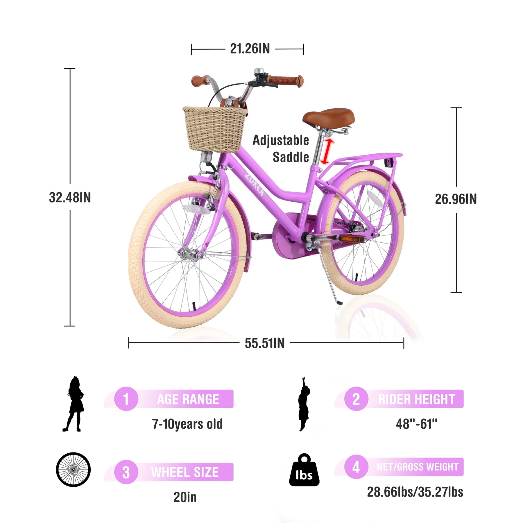 Aezusy 20 in Kids Bike with Basket for 7 - 10 Years Old Girls, Purple - Product image 7