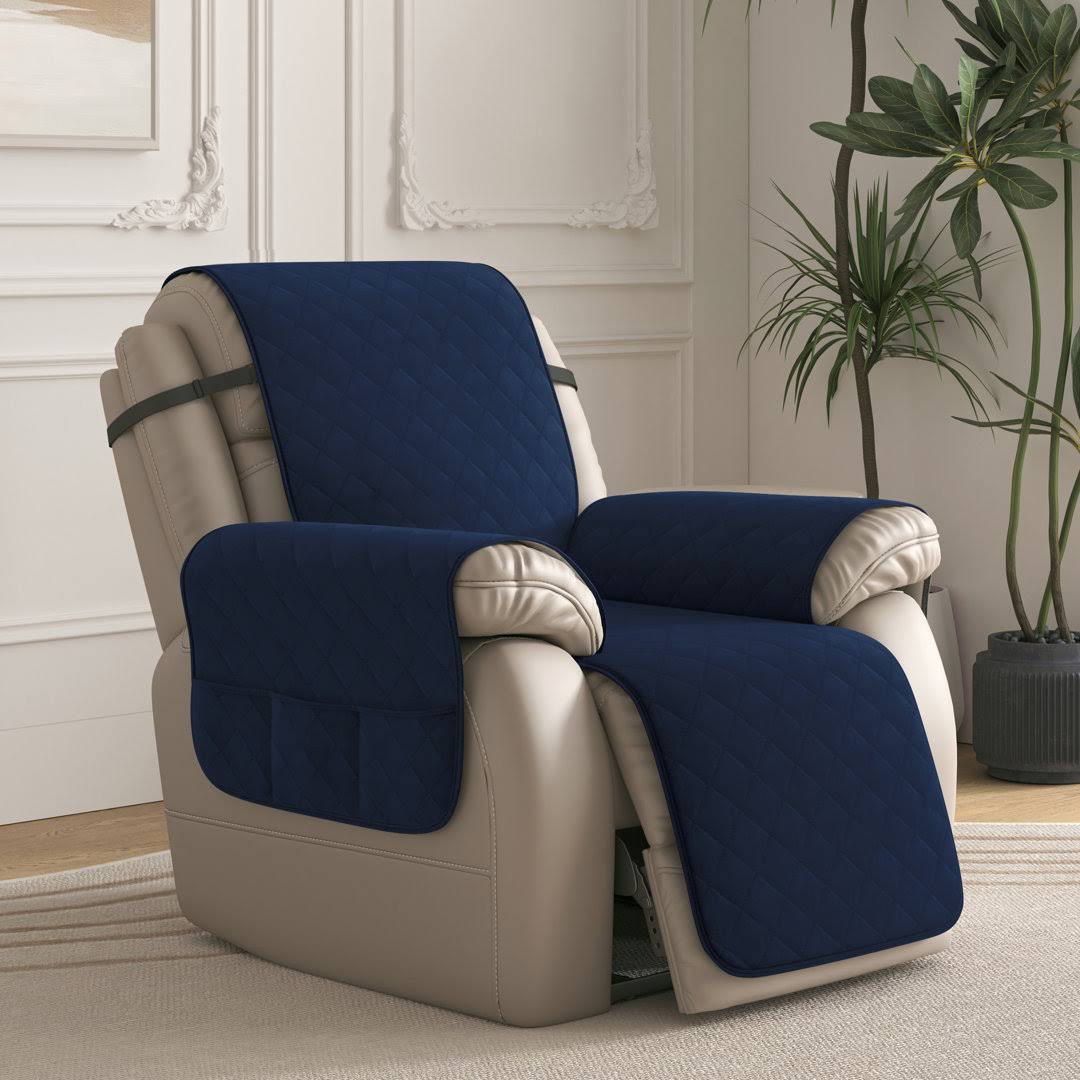 Subrtex 1-Piece Reversible Quilted Recliner Chair Cover with Elastic Adjustable Strap, Small, Navy - Product image 1