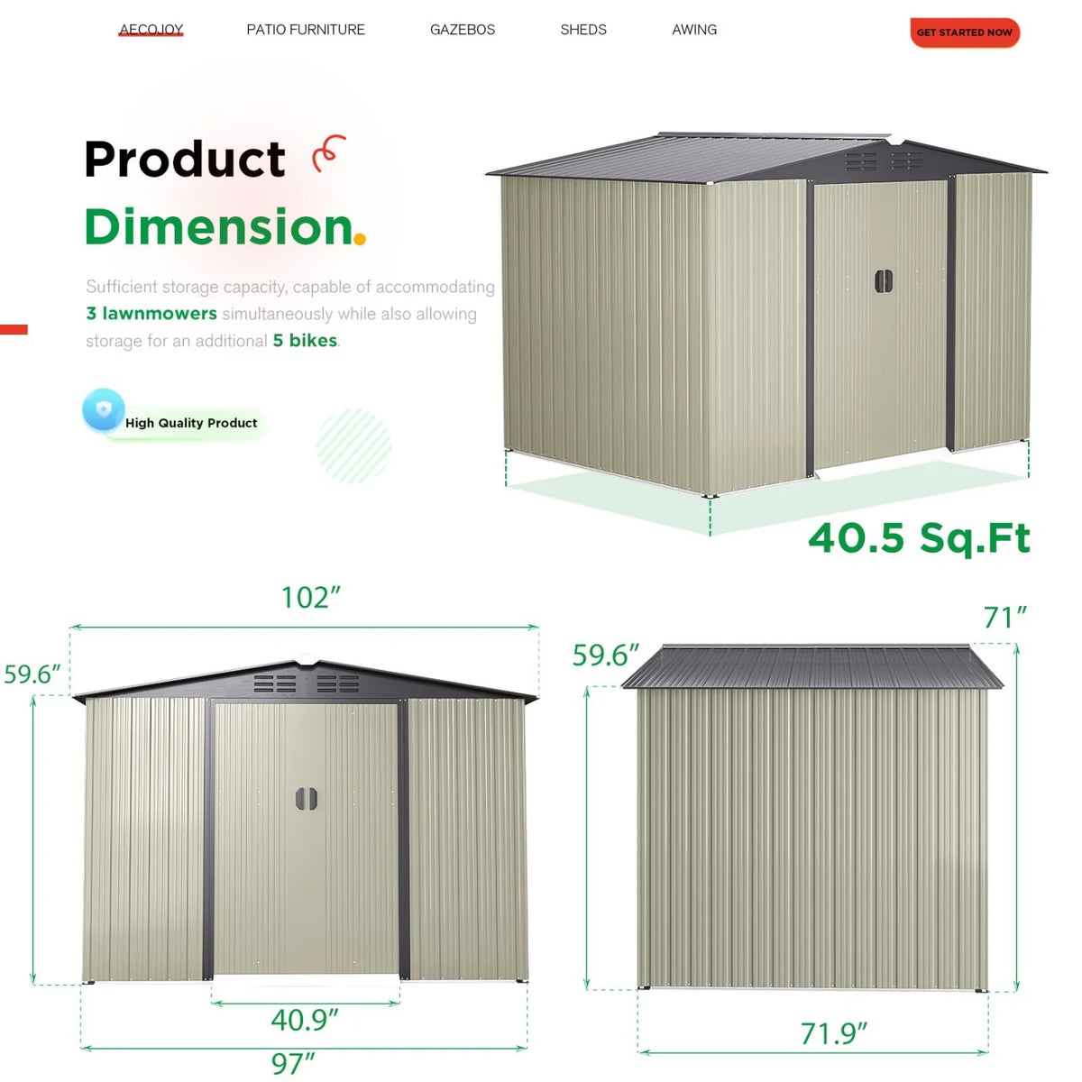 AECOJOY 8x6 Ft Outdoor Storage Tool Shed, Gray - Product image 3