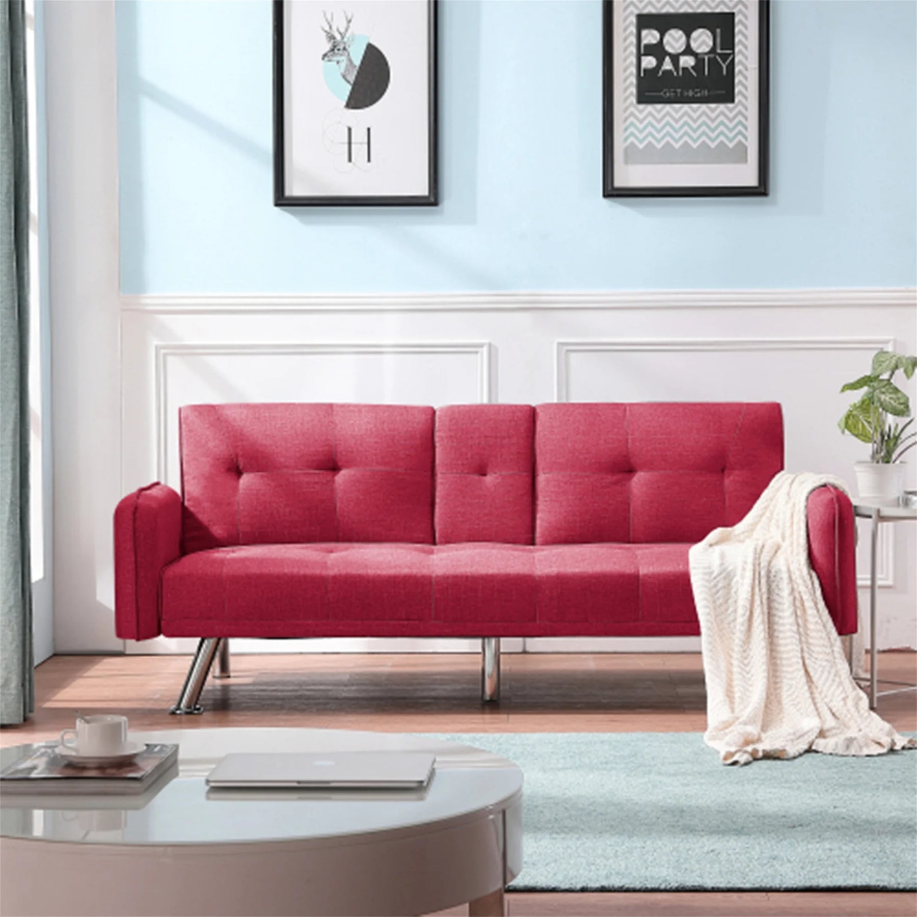 Aukfa 75" Square Arm Futon Convertible Sofa Bed for Home Office, 2 Cup Holders, Linen, Dark Gray - Product image 57