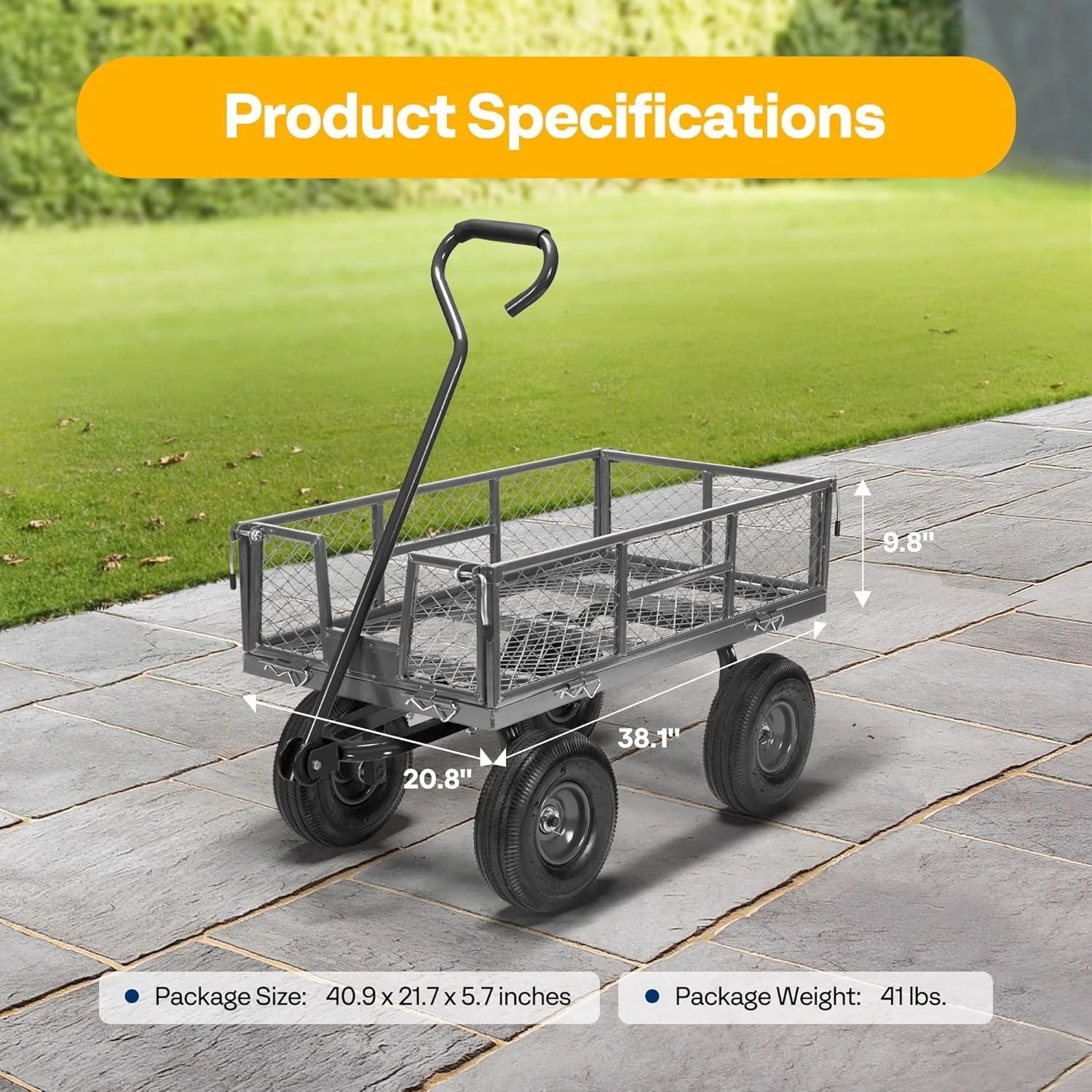 SPECSTAR Mesh Steel Garden Cart 880 lb Capacity, 38" x 21" Folding Utility Wagon with 10 in Wheels