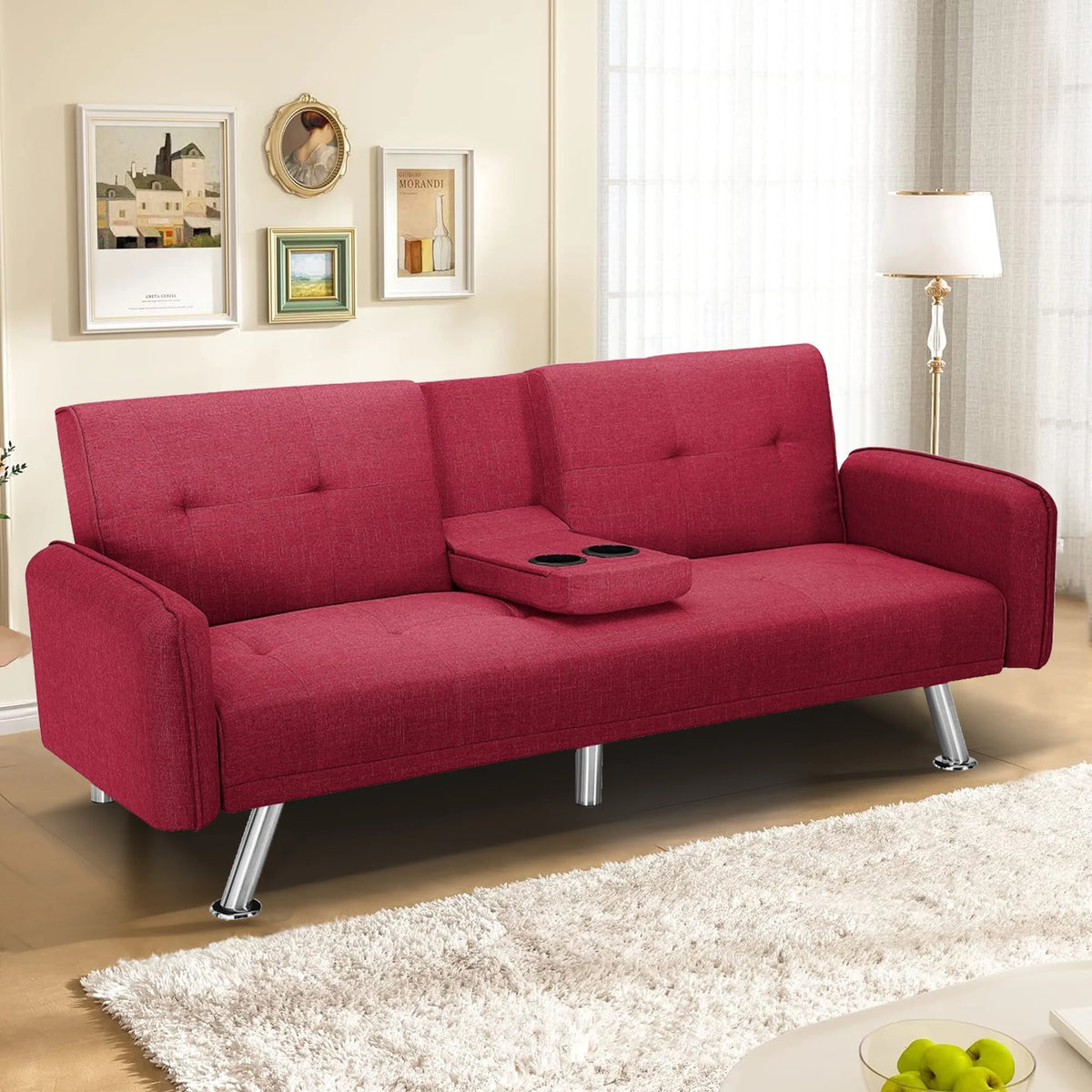 Aukfa 75" Square Arm Futon Convertible Sofa Bed for Home Office, 2 Cup Holders, Linen, Dark Gray - Product image 59