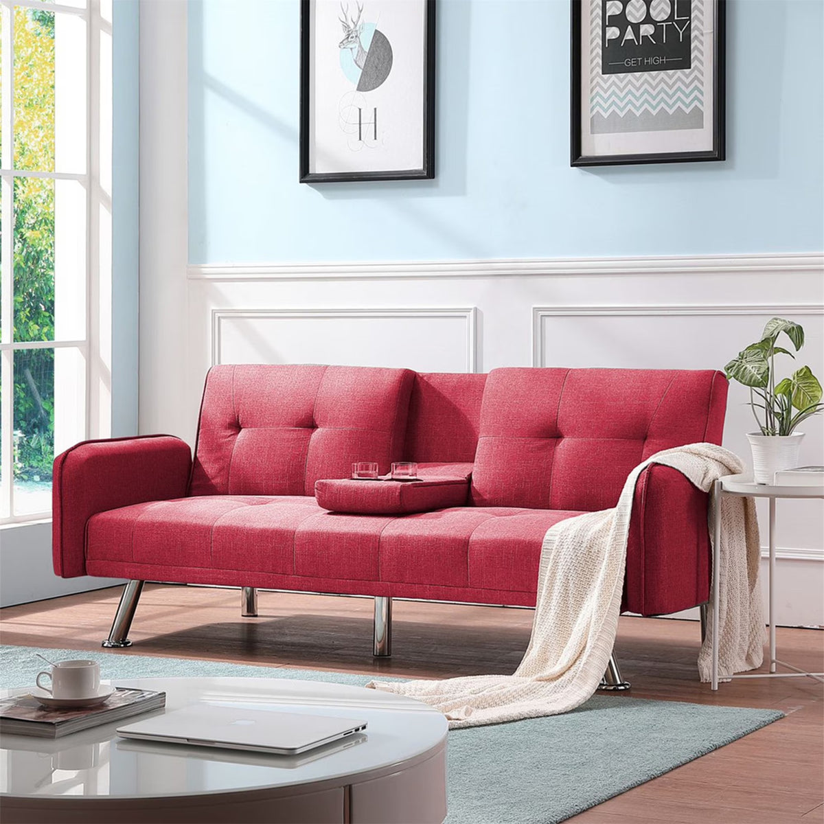 Aukfa 75" Square Arm Futon Convertible Sofa Bed for Home Office, 2 Cup Holders, Linen, Dark Gray - Product image 13