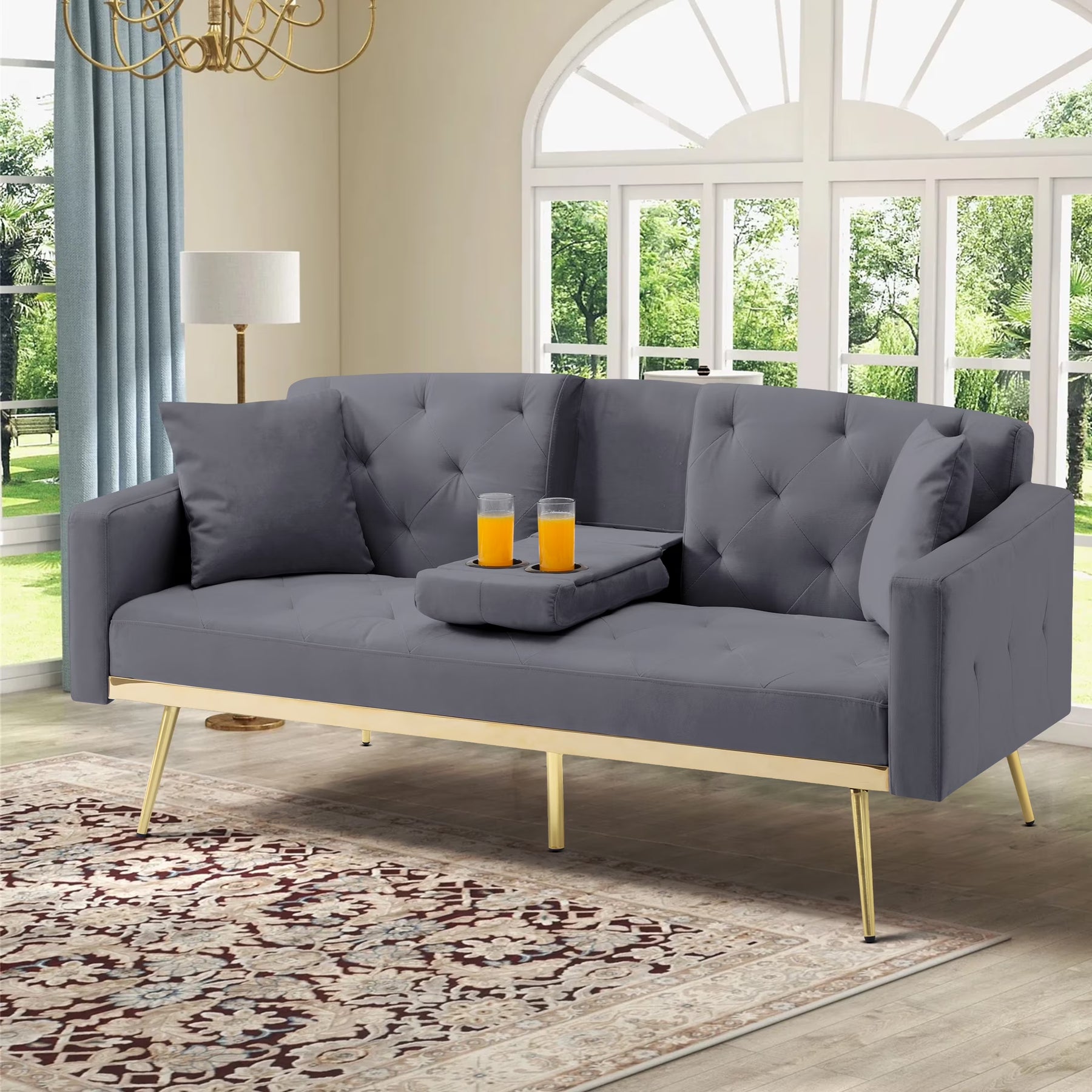 Aukfa 75" Square Arm Futon Convertible Sofa Bed for Home Office, 2 Cup Holders, Linen, Dark Gray - Product image 7